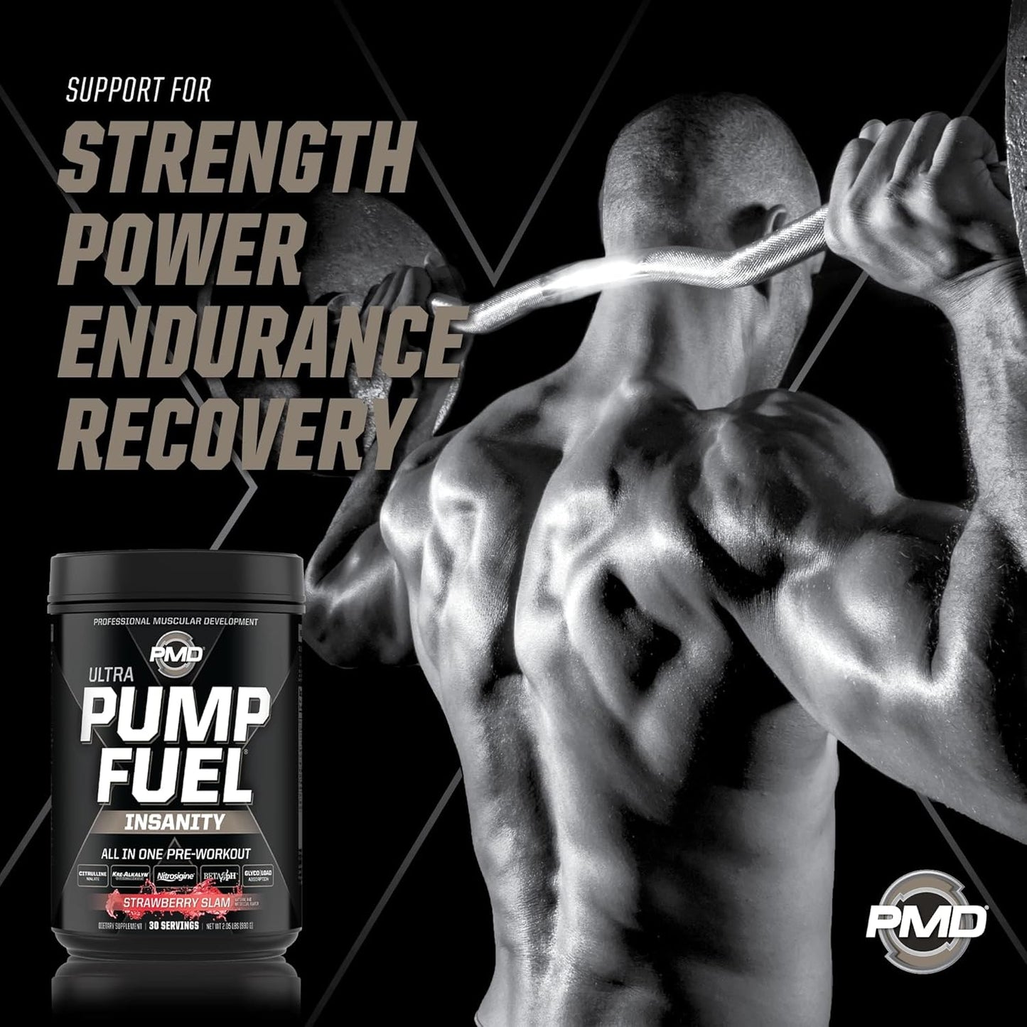 PMD Sports Ultra Pump Fuel Insanity - Strawberry Slam Pre Workout Drink Mix - Boost Energy, Strength, Endurance, Recovery - 30 Servings