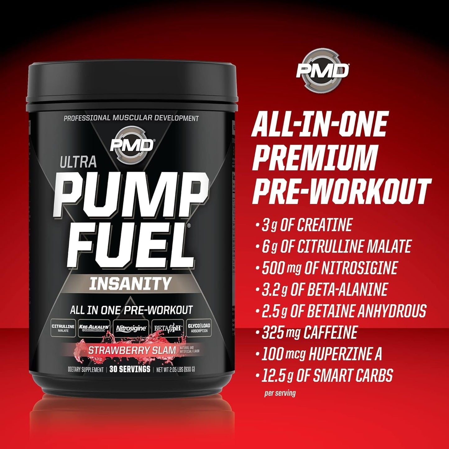 PMD Sports Ultra Pump Fuel Insanity - Strawberry Slam Pre Workout Drink Mix - Boost Energy, Strength, Endurance, Recovery - 30 Servings