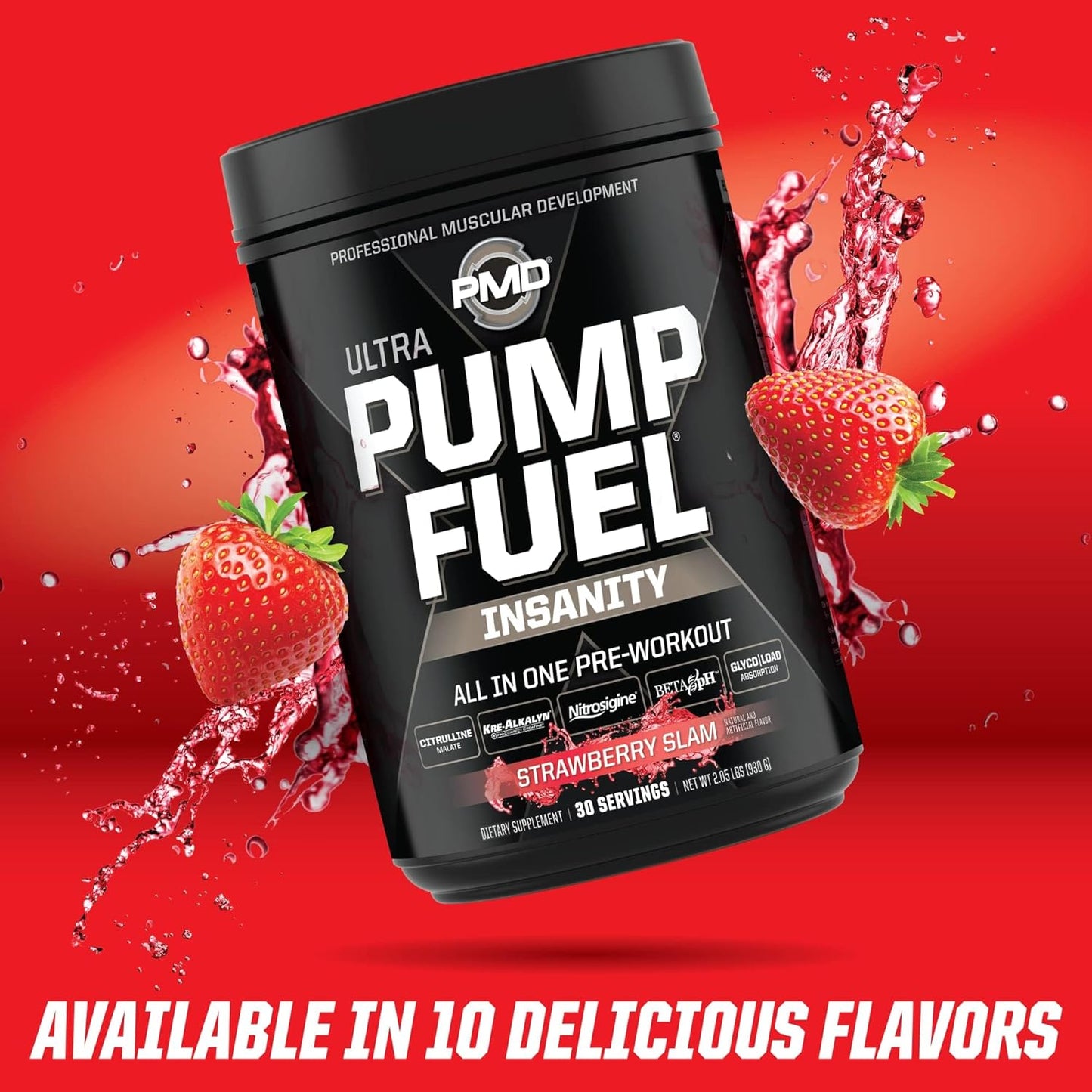 PMD Sports Ultra Pump Fuel Insanity - Strawberry Slam Pre Workout Drink Mix - Boost Energy, Strength, Endurance, Recovery - 30 Servings