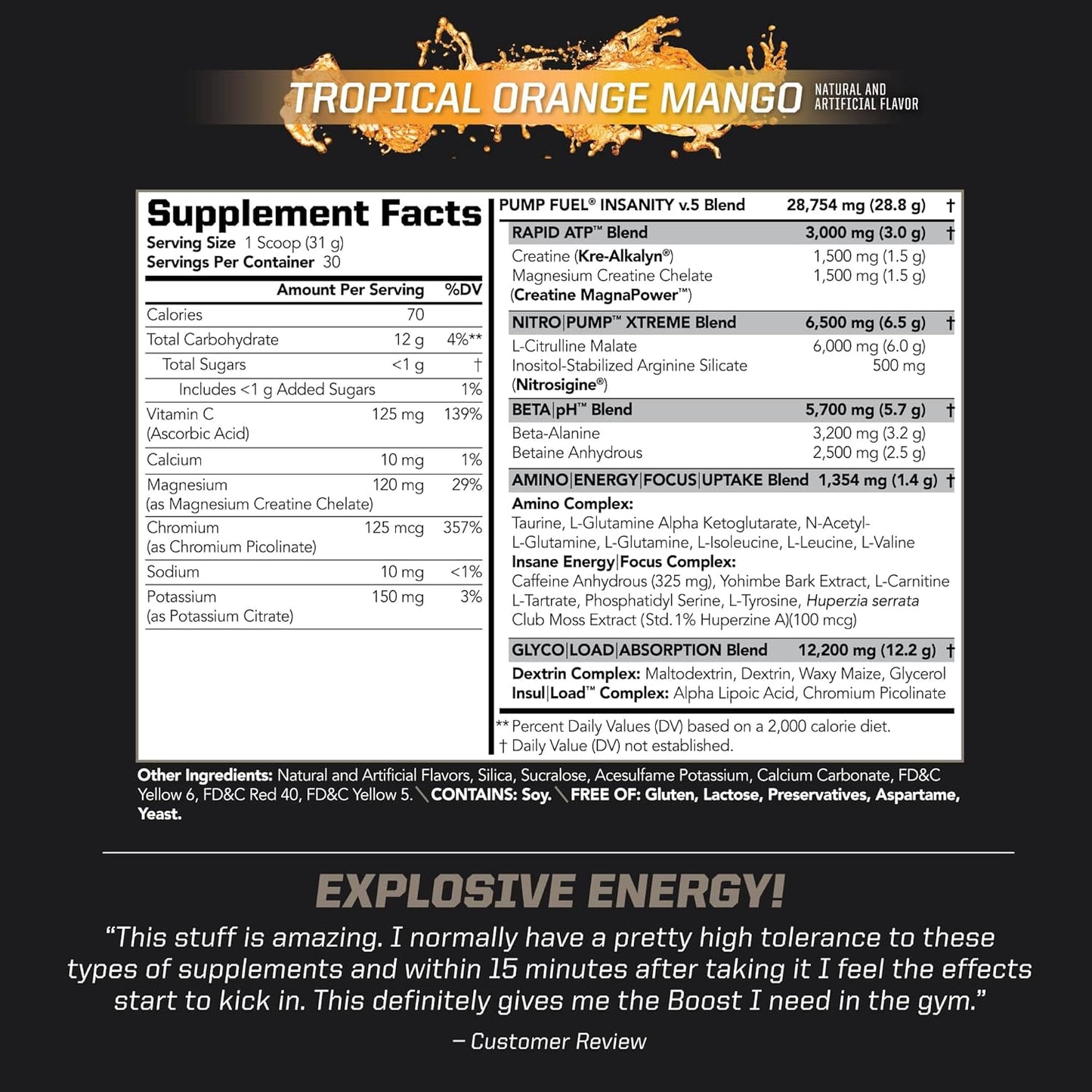 PMD Sports Ultra Pump Fuel Insanity - Tropical Orange Mango Pre Workout Mix for Energy, Strength, Endurance, Recovery - 30 Servings