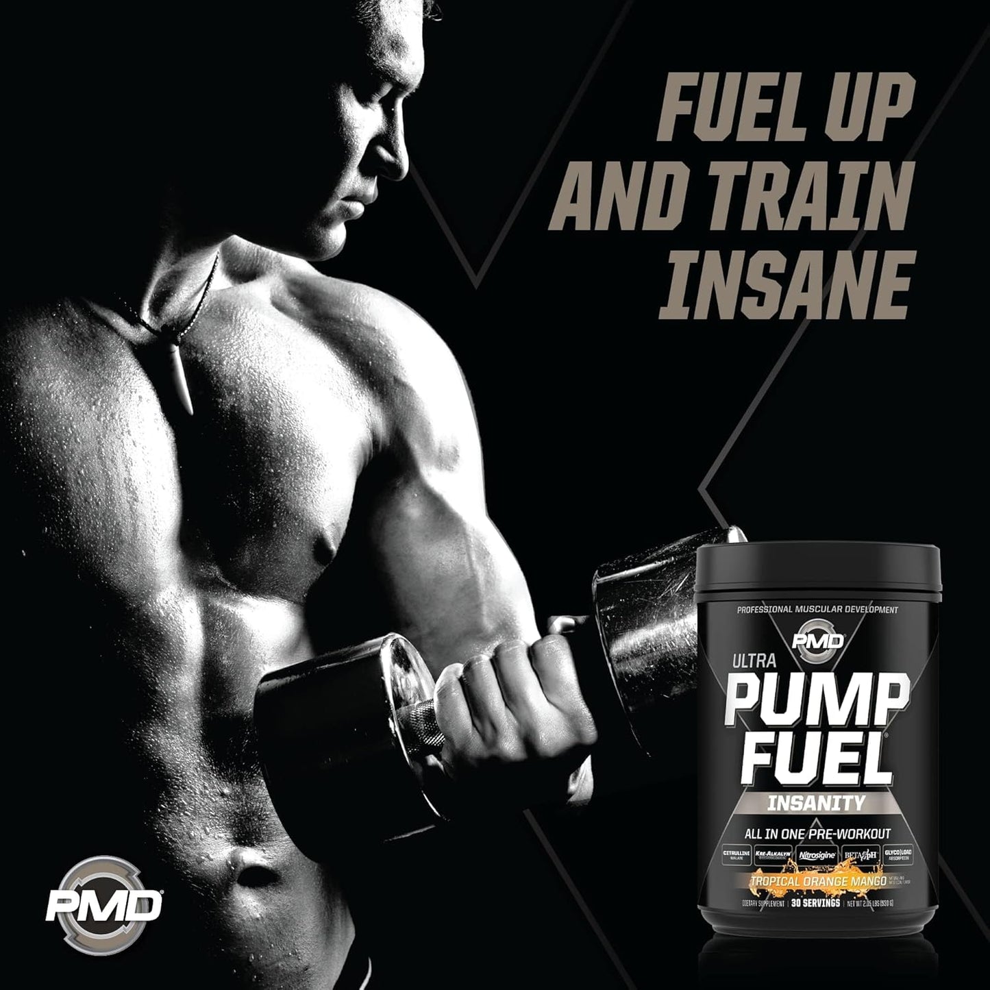 PMD Sports Ultra Pump Fuel Insanity - Tropical Orange Mango Pre Workout Mix for Energy, Strength, Endurance, Recovery - 30 Servings