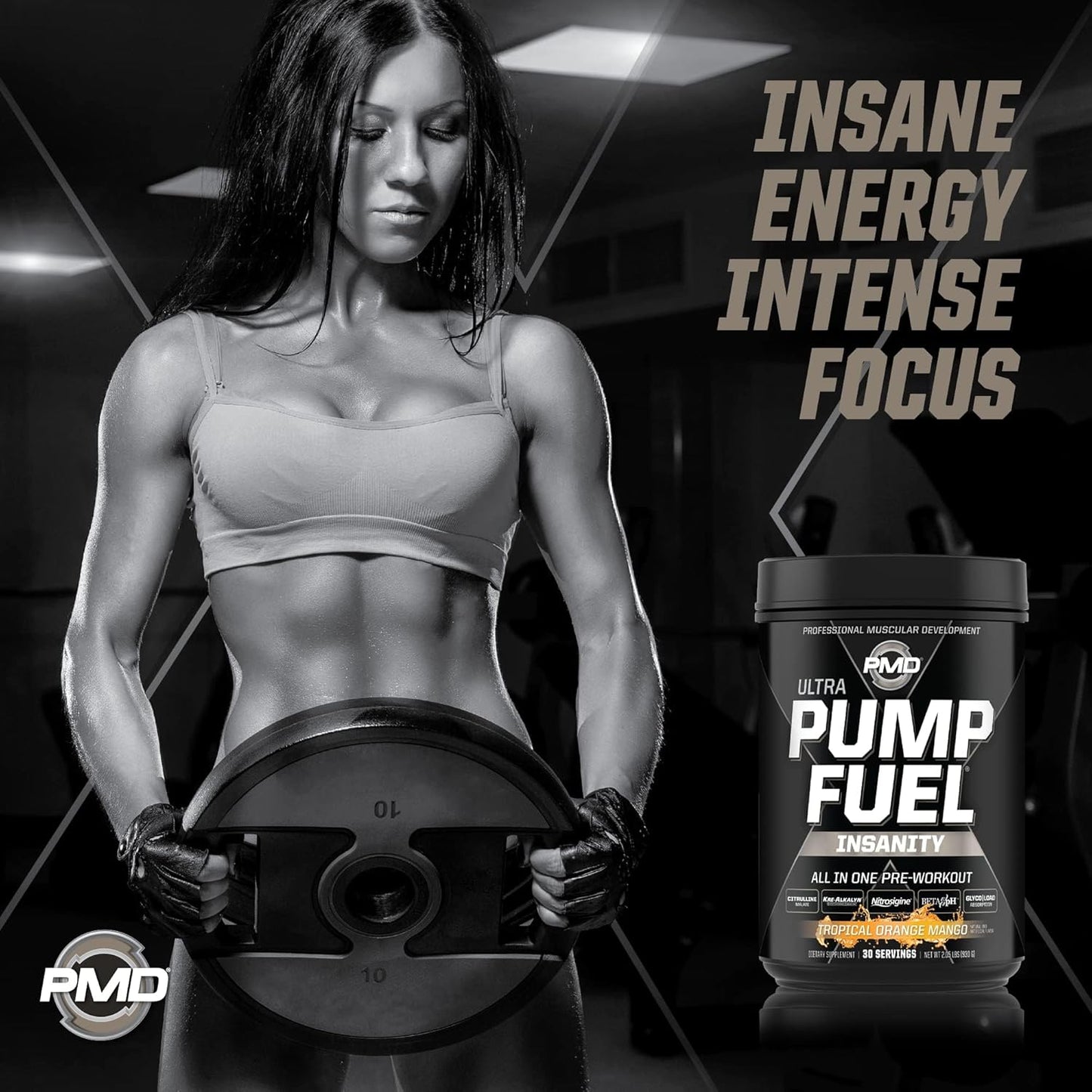 PMD Sports Ultra Pump Fuel Insanity - Tropical Orange Mango Pre Workout Mix for Energy, Strength, Endurance, Recovery - 30 Servings