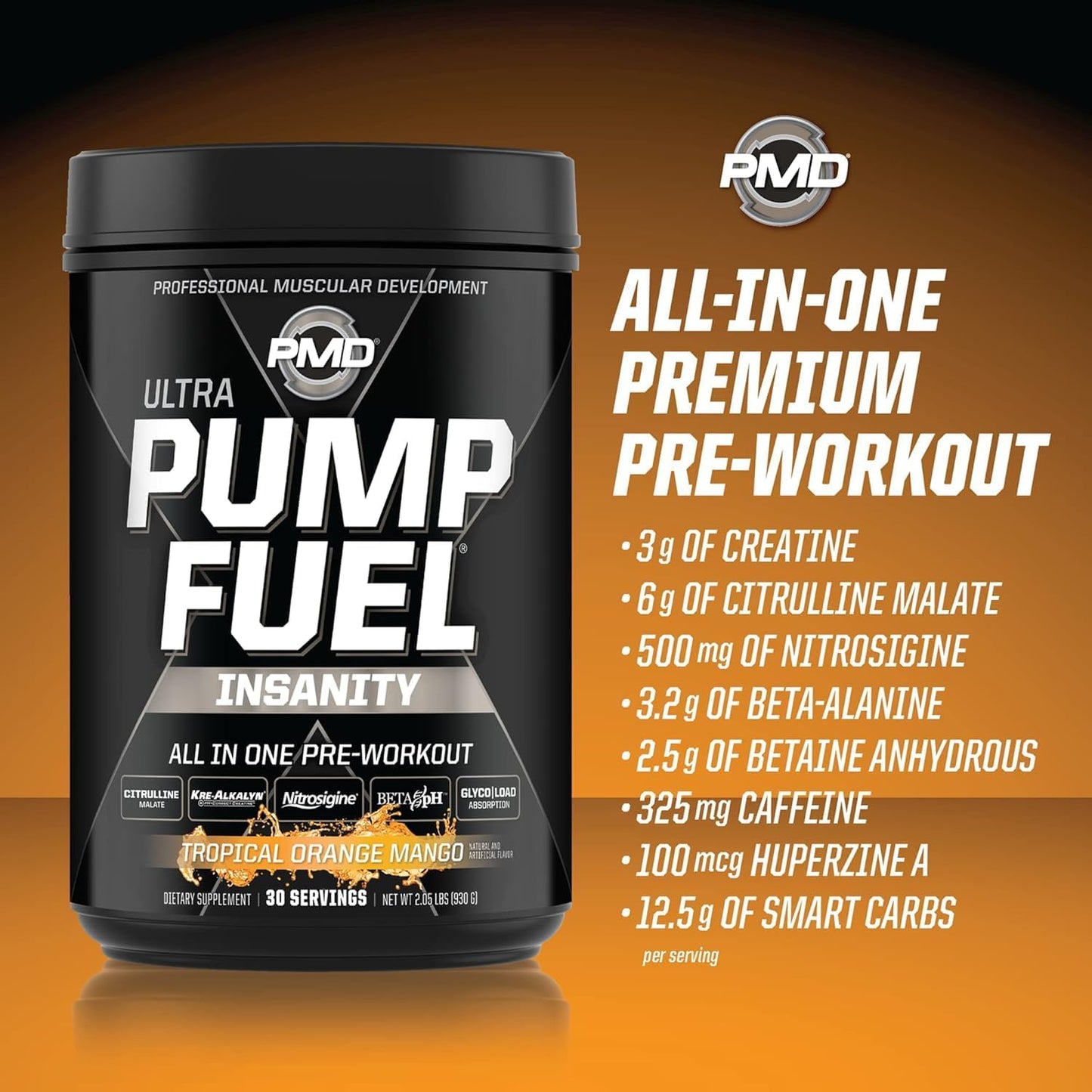 PMD Sports Ultra Pump Fuel Insanity - Tropical Orange Mango Pre Workout Mix for Energy, Strength, Endurance, Recovery - 30 Servings