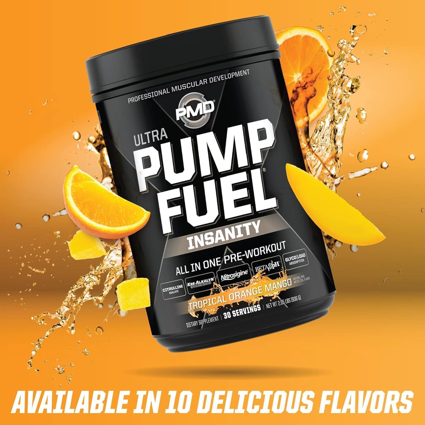 PMD Sports Ultra Pump Fuel Insanity - Tropical Orange Mango Pre Workout Mix for Energy, Strength, Endurance, Recovery - 30 Servings