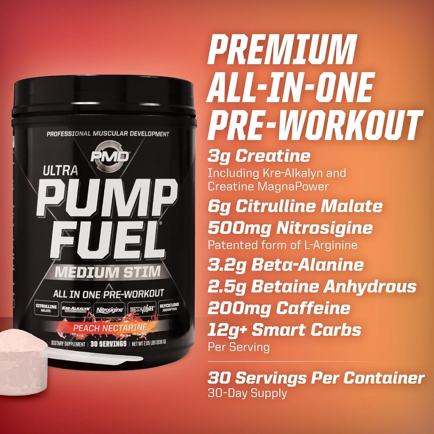 PMD Sports Ultra Pump Fuel Pre-Workout Drink Mix - Energy, Strength, Endurance, Recovery - Peach Nectarine Flavor - 30 Servings
