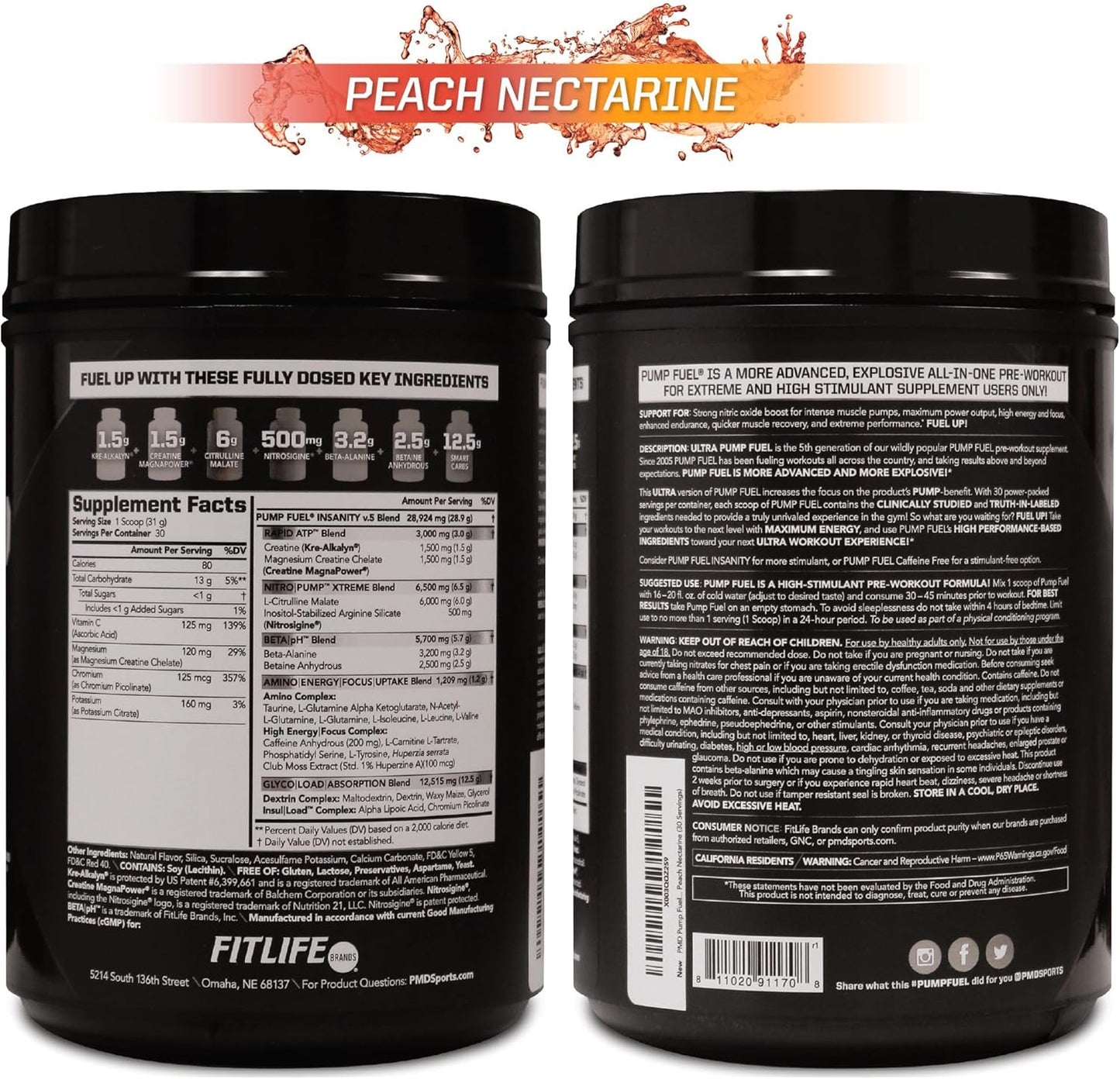 PMD Sports Ultra Pump Fuel Pre-Workout Drink Mix - Energy, Strength, Endurance, Recovery - Peach Nectarine Flavor - 30 Servings