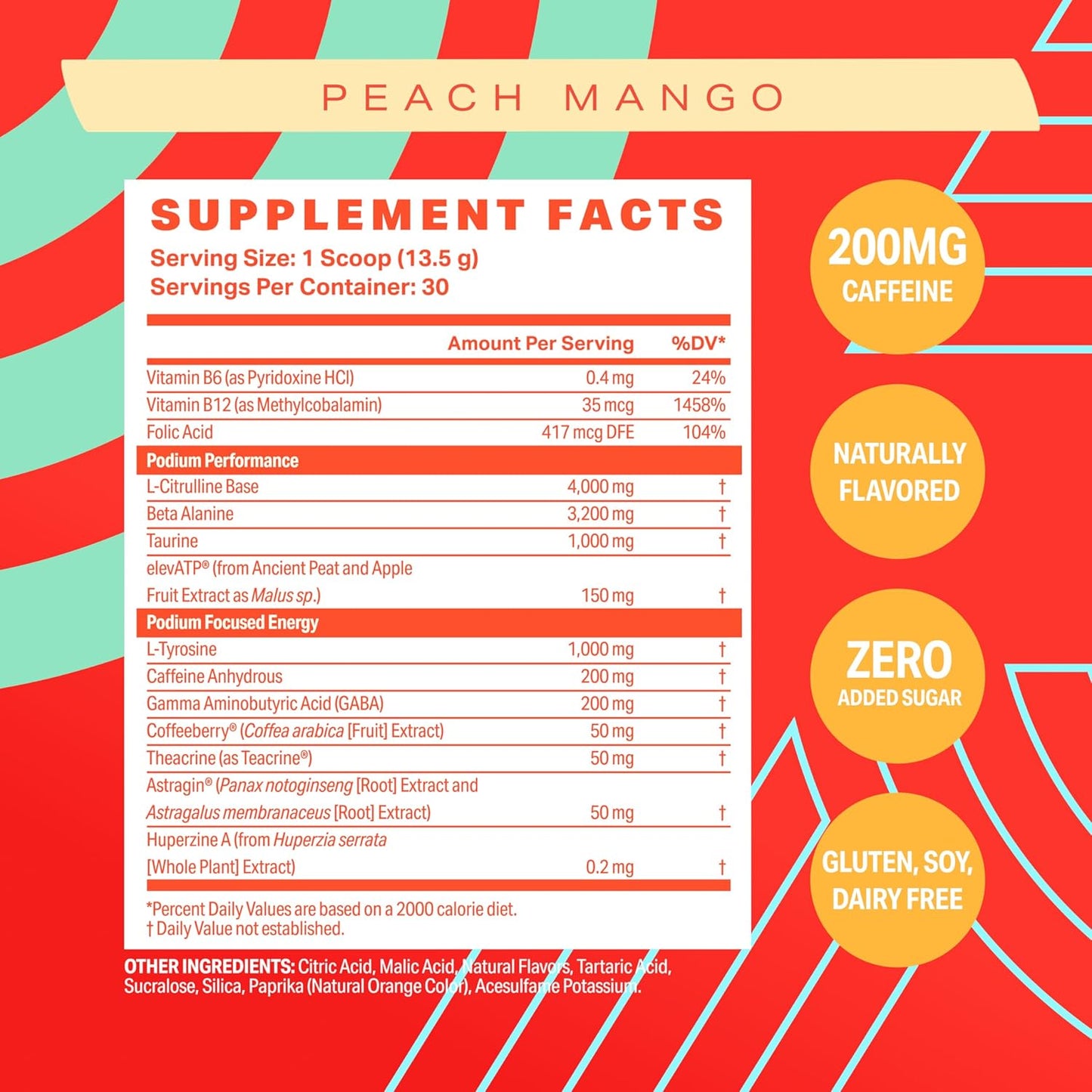 Podium Nutrition Peach Mango Pre Workout Powder - 30 Servings with Beta Alanine and Caffeine for Energy - Gluten, Soy, and Dairy Free