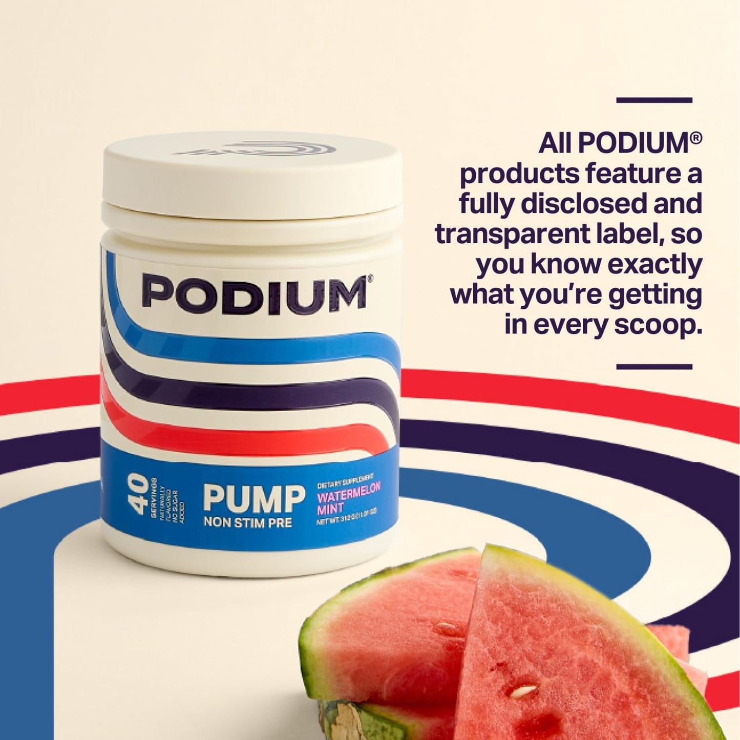 Podium Nutrition Pump Stimulant-Free Pre-Workout Supplement - 40 Servings Watermelon Mint Flavor