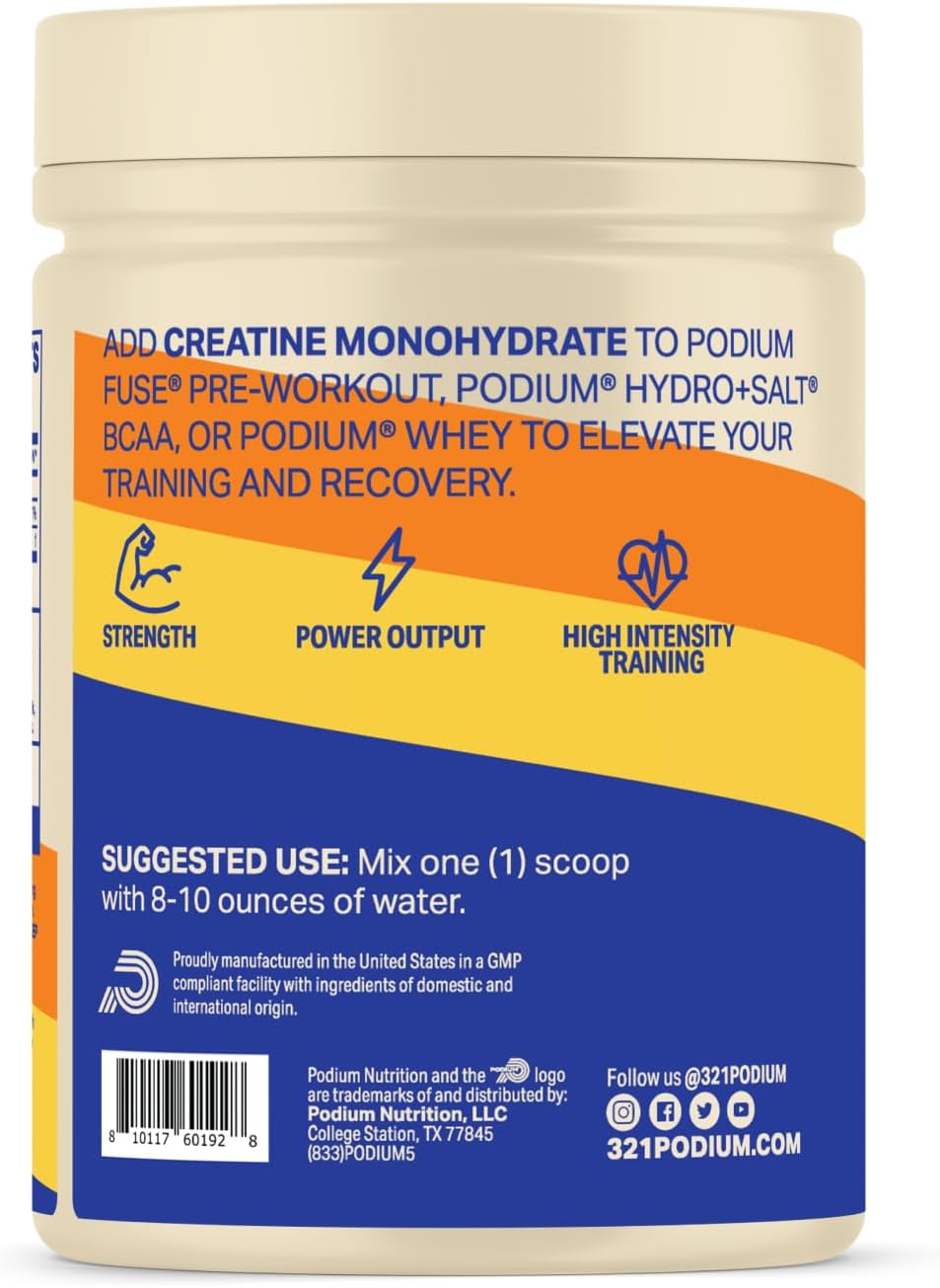 Podium Nutrition Solos Creatine Monohydrate Supplement - 50 Servings, Strawberry Flavor for Enhanced Athletic Performance