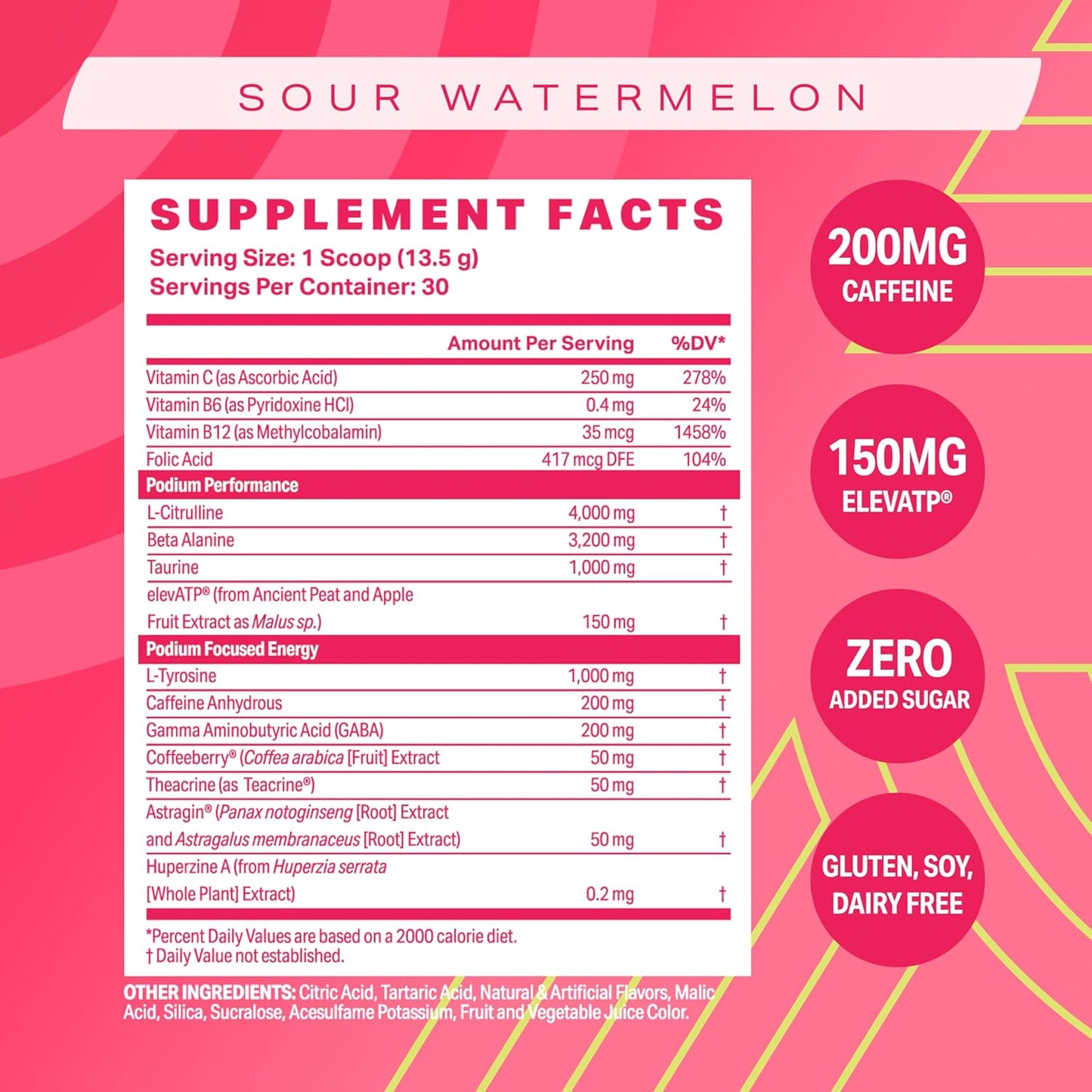 Podium Nutrition Sour Watermelon Pre Workout Powder - 30 Servings, Beta Alanine & Caffeine, Gluten/Soy/Dairy Free