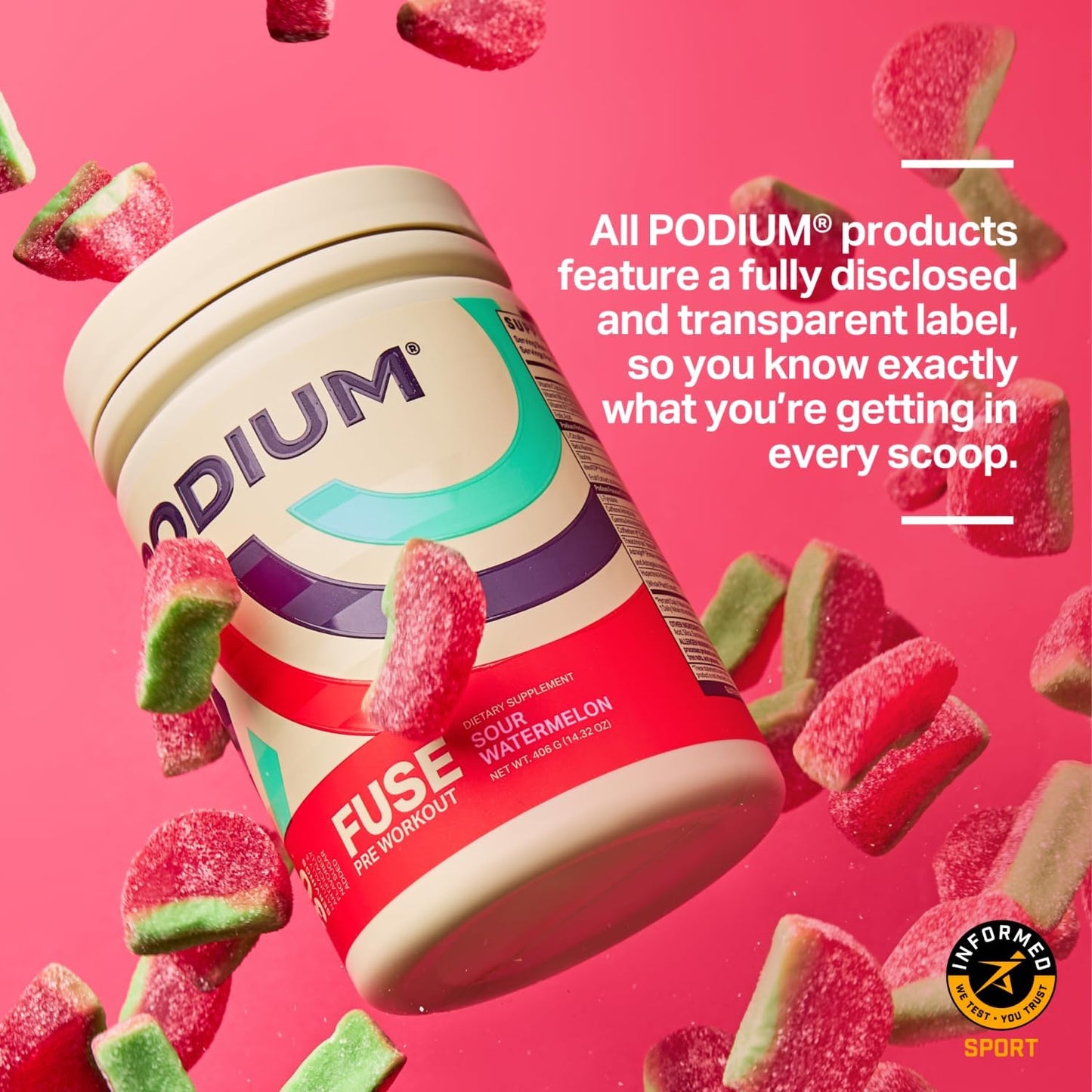 Podium Nutrition Sour Watermelon Pre Workout Powder - 30 Servings, Beta Alanine & Caffeine, Gluten/Soy/Dairy Free