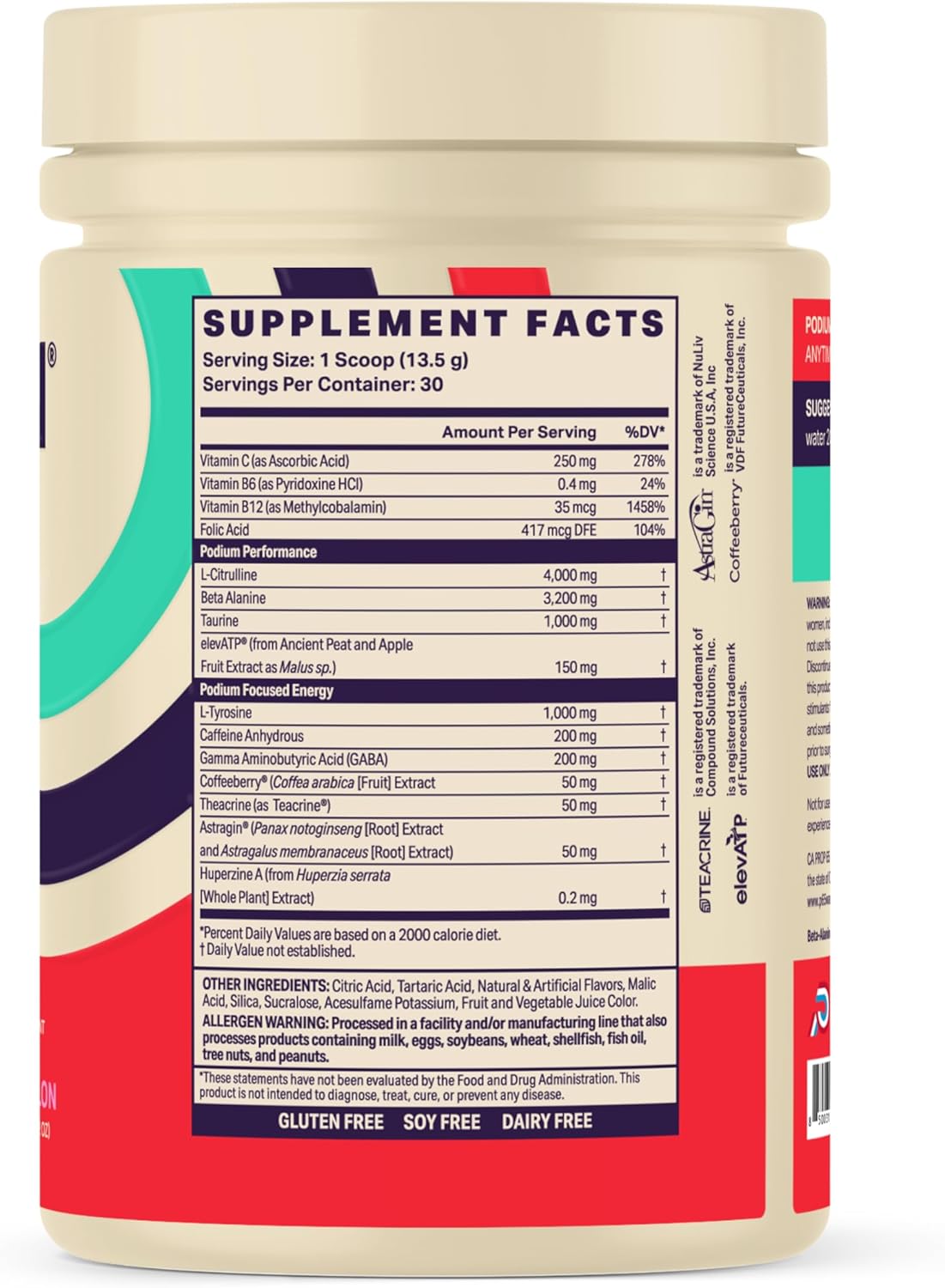 Podium Nutrition Sour Watermelon Pre Workout Powder - 30 Servings, Beta Alanine & Caffeine, Gluten/Soy/Dairy Free