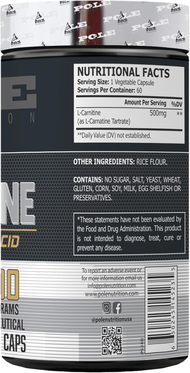 Pole Nutrition L-Carnitine 500mg Veg Capsules for Athletic Performance and Recovery, 60 Servings