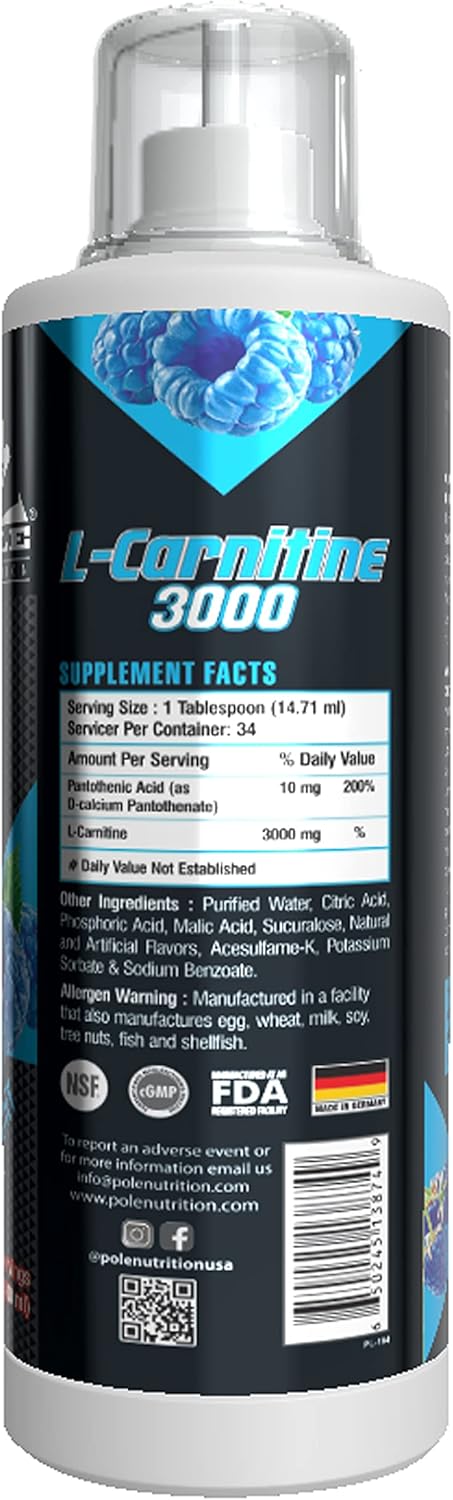 Pole Nutrition L-Carnitine Liquid Supplement 3000 - Blue Raspberry Flavor - 500ml Bottle with 34 Servings