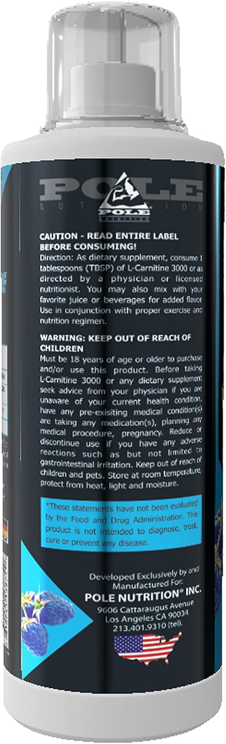 Pole Nutrition L-Carnitine Liquid Supplement 3000 - Blue Raspberry Flavor - 500ml Bottle with 34 Servings
