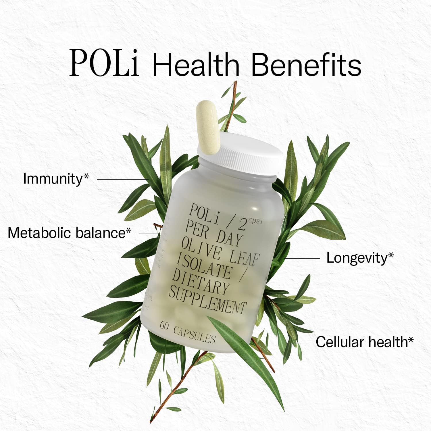 Poli Forever Young Olive Leaf Extract Dietary Supplement - Immune Support - 10mg Hydroxytyrosol, 100mg Oleuropein - 60 Vegan Capsules