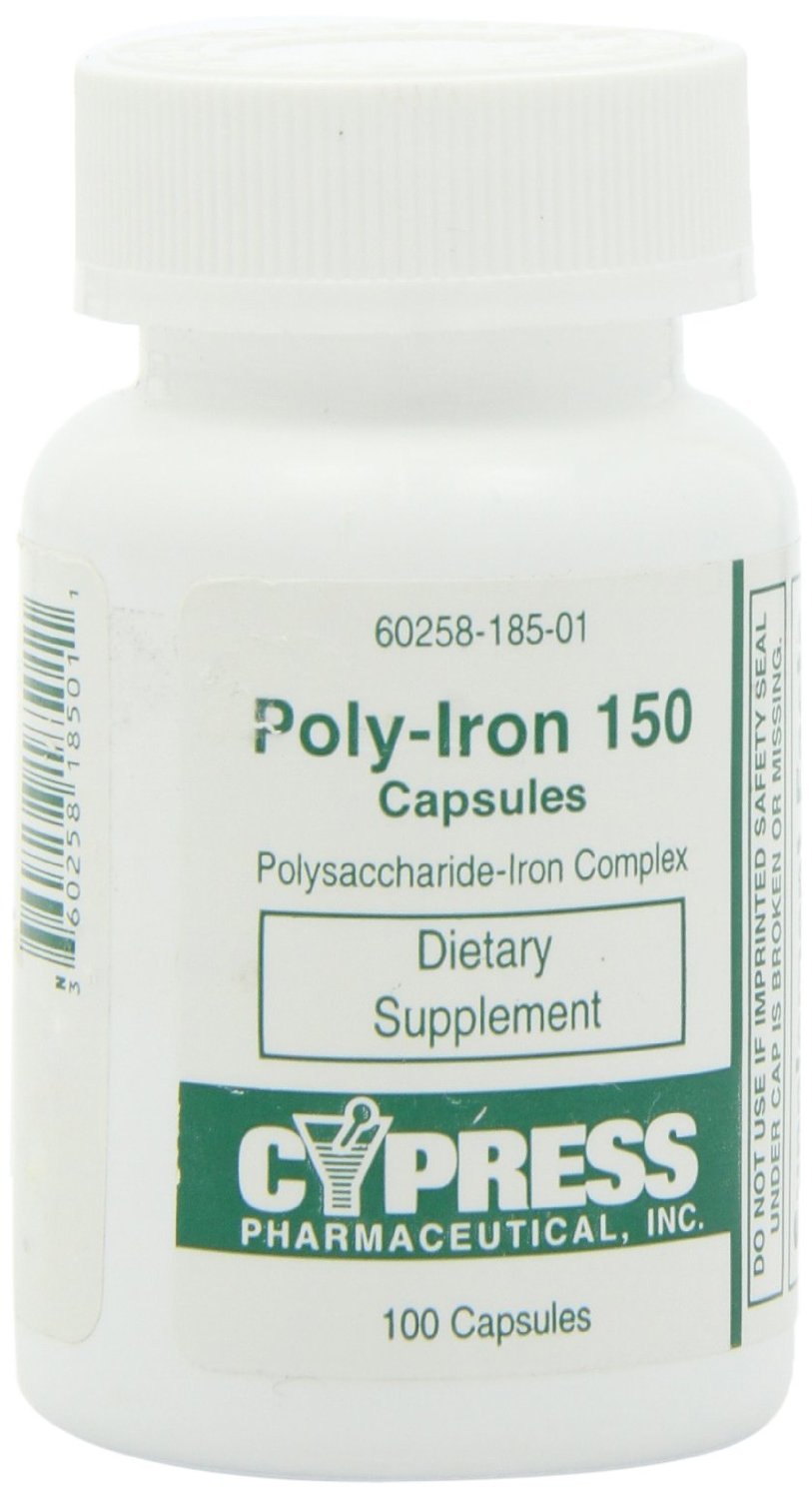 Poly Iron Capsules 150 mg - Dietary Supplement for Iron Deficiency - 200 Capsules by Cypress Pharmaceutical