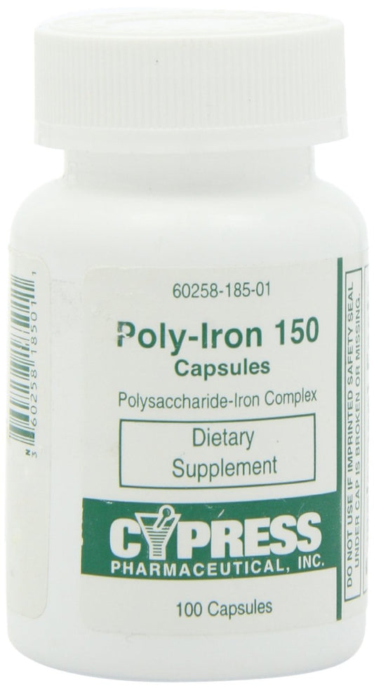 Poly Iron Capsules 150 mg - Dietary Supplement for Iron Deficiency - 200 Capsules by Cypress Pharmaceutical