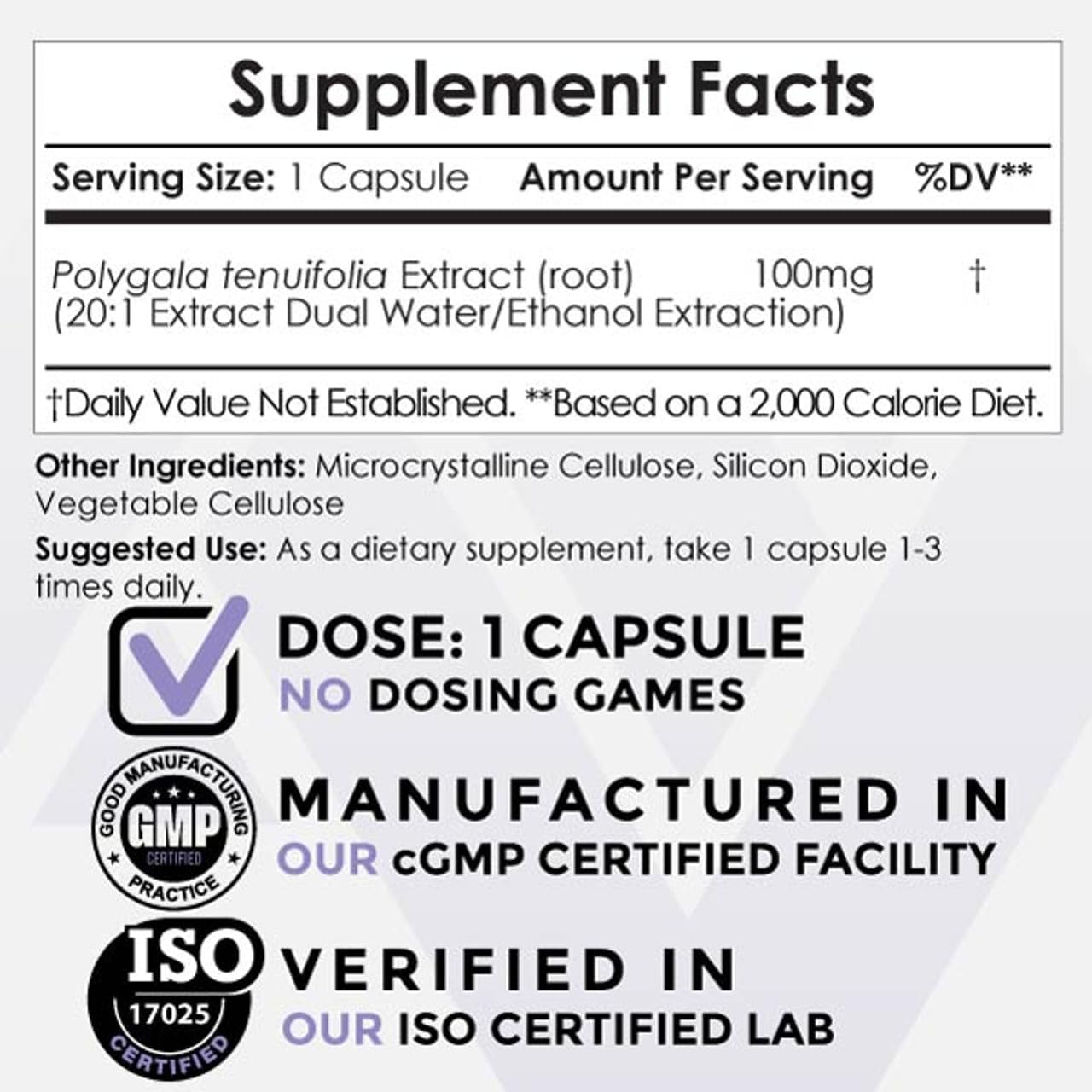 Polygala tenuifolia Capsules - 100mg, 90 Count - Yuan Zhi Extract for Cognitive Function, Learning, Memory - Stress Support & Adaptogen Supplement