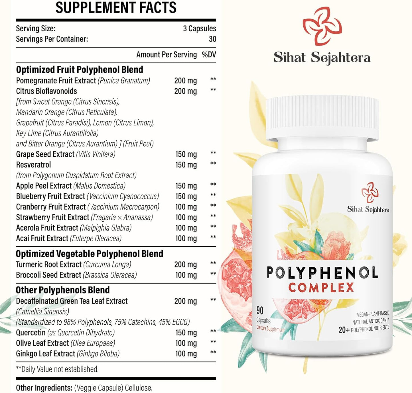 Polyphenol Superfood Supplement with 67,500 MG - Antioxidant Powerhouse for Age Defense, Quercetin, Resveratrol, Green Tea, Plant-Based Energy & Immune Support - 90 Capsules