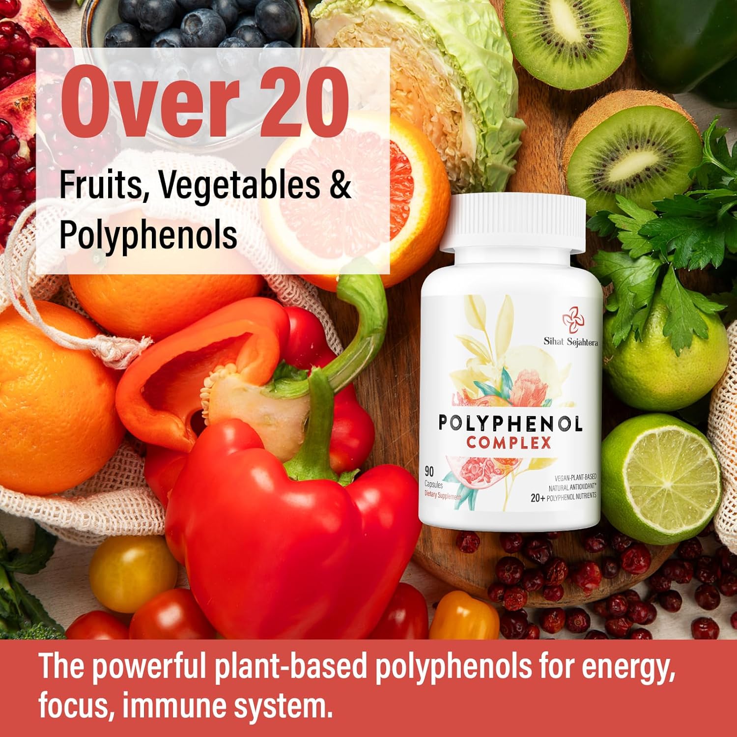 Polyphenol Superfood Supplement with 67,500 MG - Antioxidant Powerhouse for Age Defense, Quercetin, Resveratrol, Green Tea, Plant-Based Energy & Immune Support - 90 Capsules