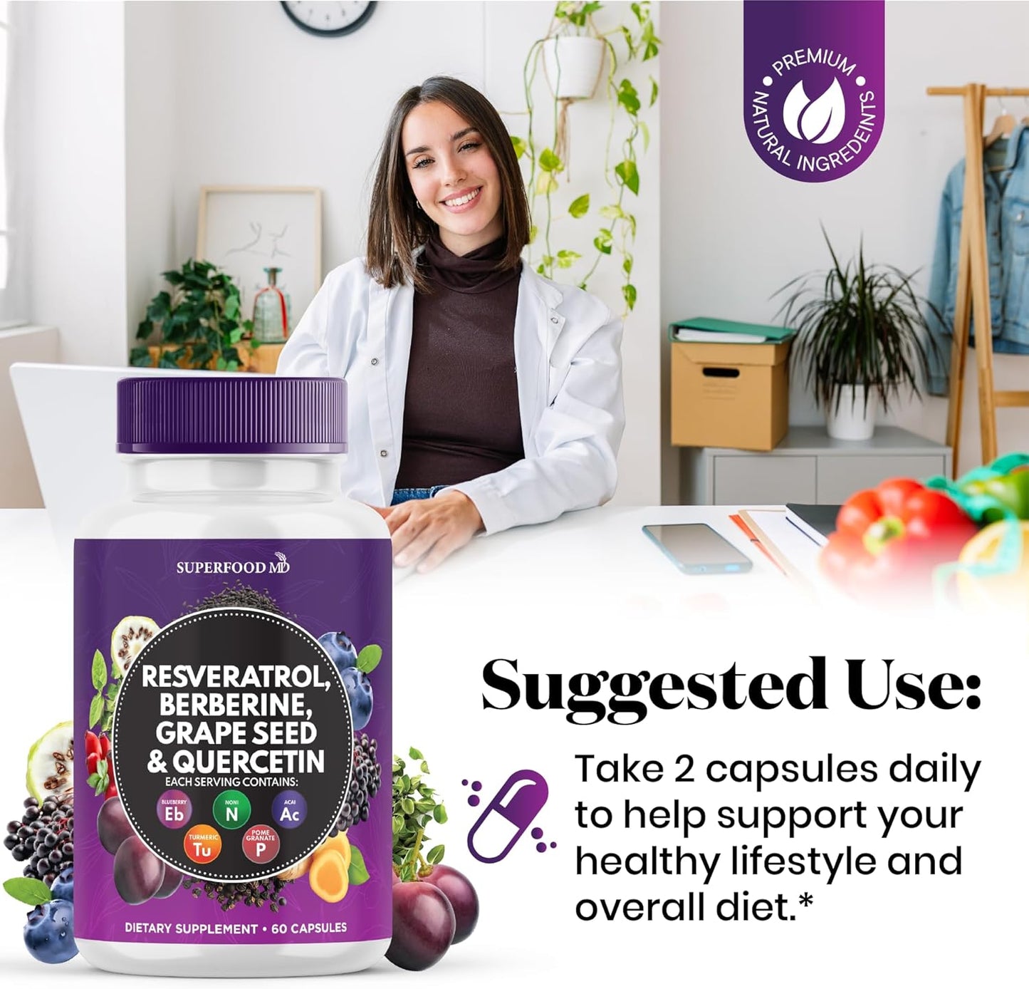 Polyphenol Superfood Supplement with Resveratrol, Berberine, and Grape Seed Extract - 180 Capsules - Made in the USA