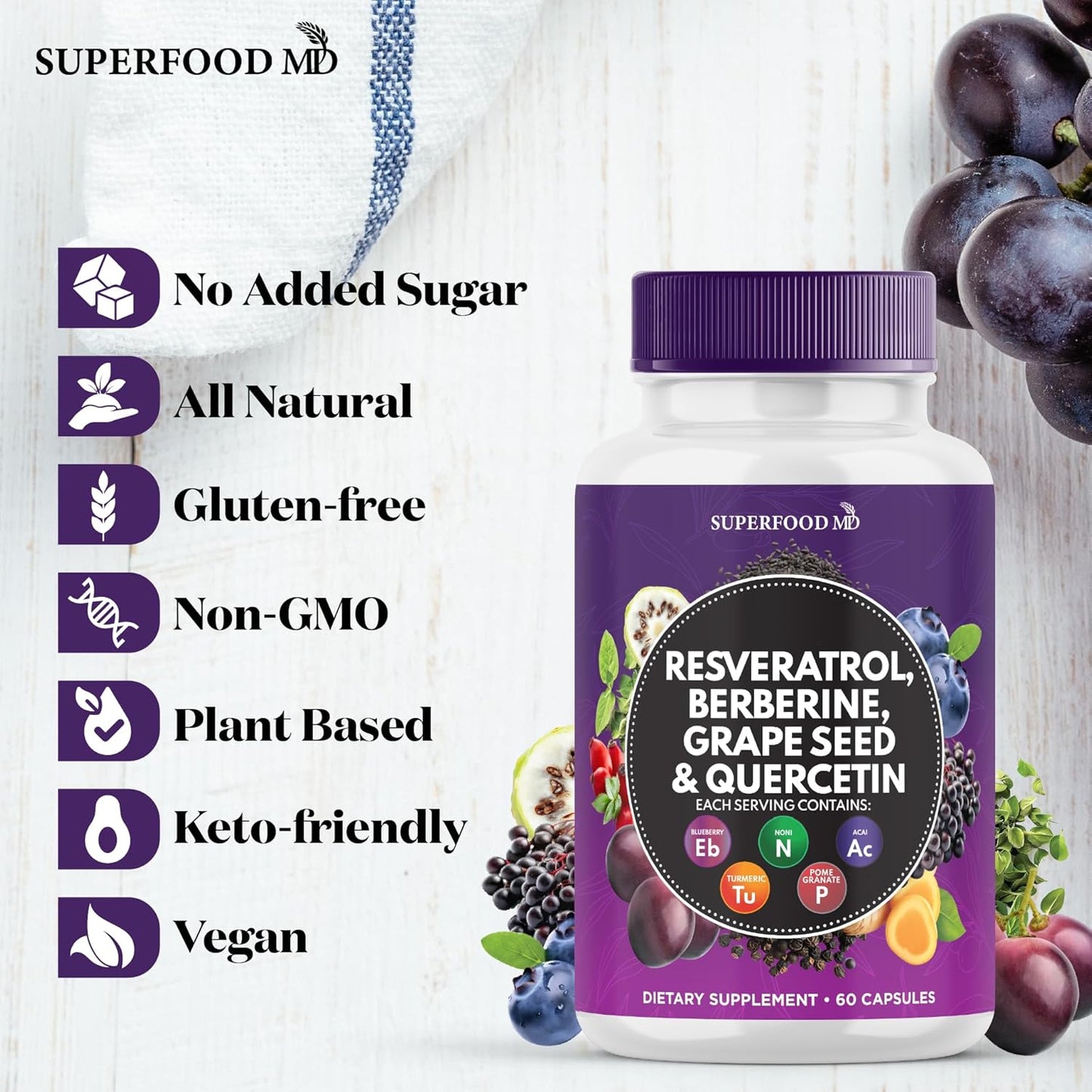 Polyphenol Superfood Supplement with Resveratrol, Berberine, and Grape Seed Extract - 180 Capsules - Made in the USA