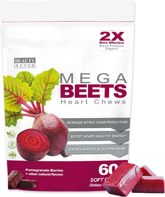 Pomegranate Berry Flavored Beauty 4 Ever Mega Beets Chews with Grape Seed Extract - 60 Non-GMO Energy Chews