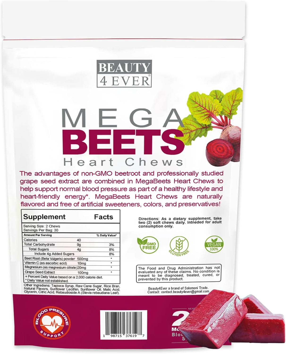 Pomegranate Berry Flavored Beauty 4 Ever Mega Beets Chews with Grape Seed Extract - 60 Non-GMO Energy Chews
