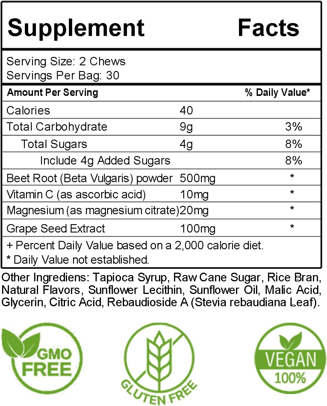 Pomegranate Berry Flavored Beauty 4 Ever Mega Beets Chews with Grape Seed Extract - 60 Non-GMO Energy Chews