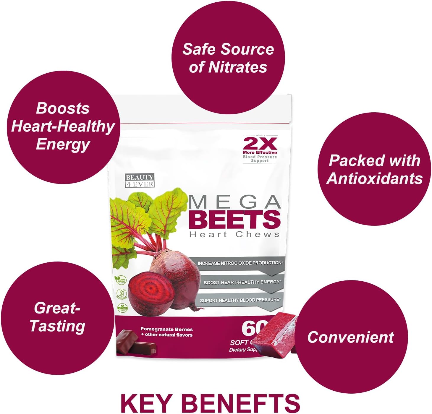 Pomegranate Berry Flavored Beauty 4 Ever Mega Beets Chews with Grape Seed Extract - 60 Non-GMO Energy Chews