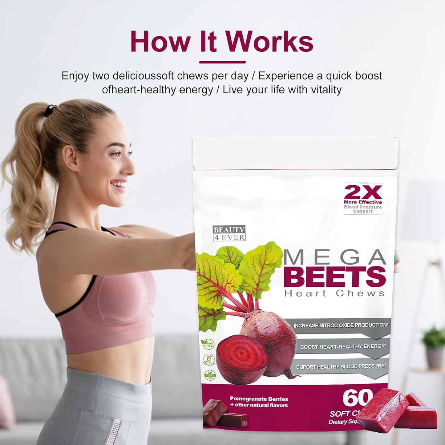 Pomegranate Berry Flavored Beauty 4 Ever Mega Beets Chews with Grape Seed Extract - 60 Non-GMO Energy Chews