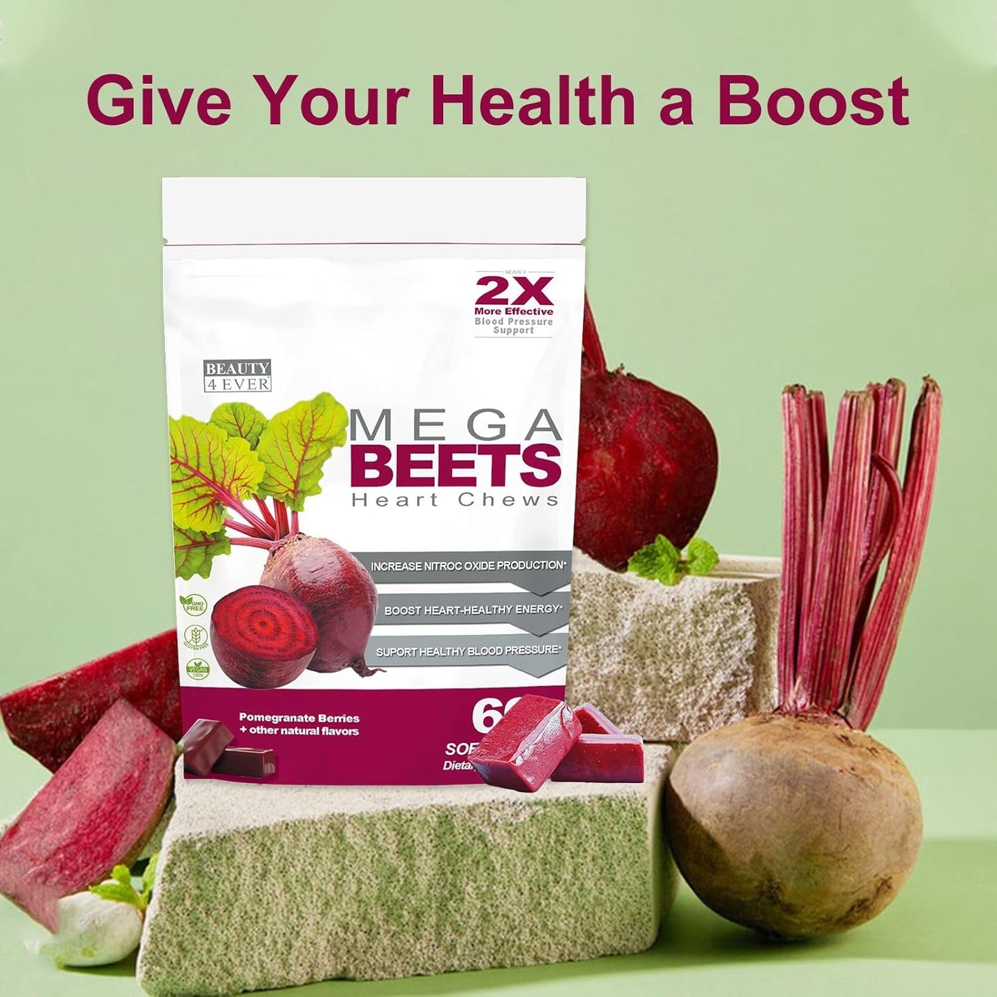 Pomegranate Berry Flavored Beauty 4 Ever Mega Beets Chews with Grape Seed Extract - 60 Non-GMO Energy Chews
