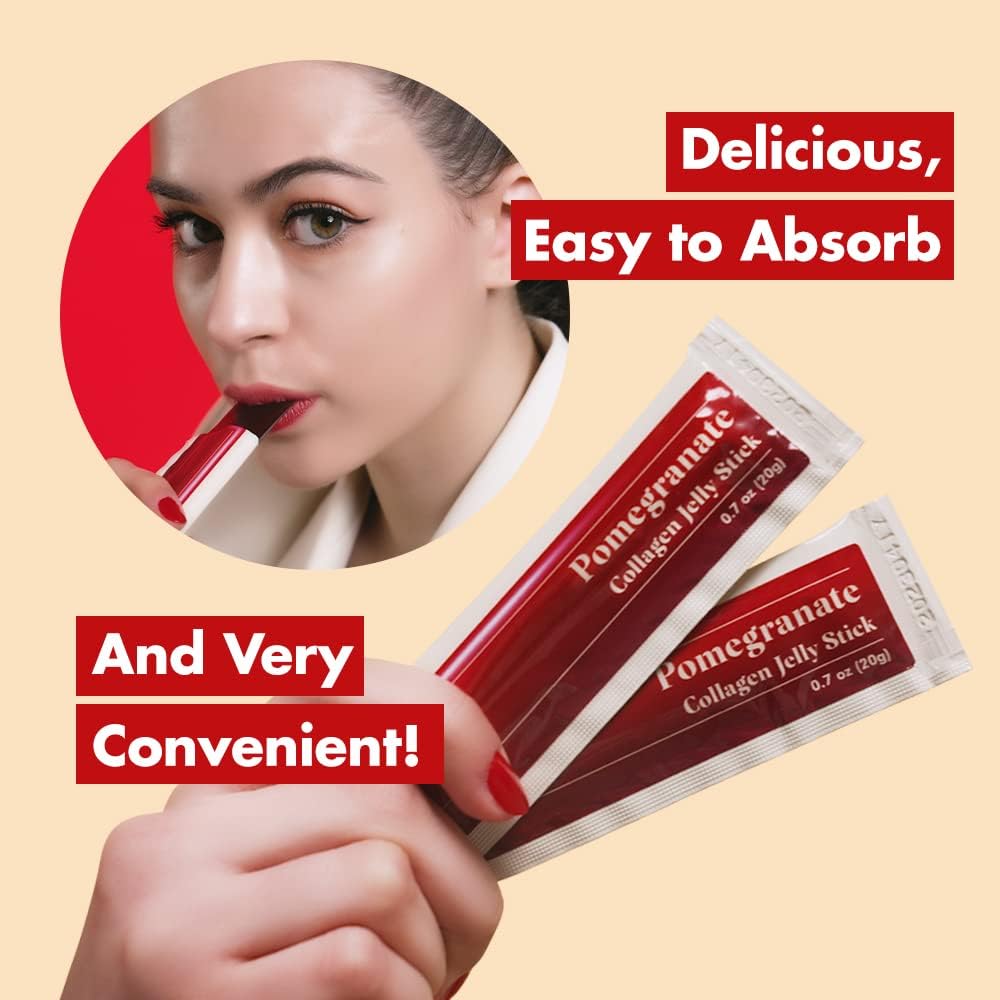 Pomegranate Collagen Jelly Sticks with Marine Collagen Peptide - 100% Real Spain Pomegranate - No Artificial Flavors - No Preservatives - 30 Sticks, 20g Each - Easy-to-Absorb Formula