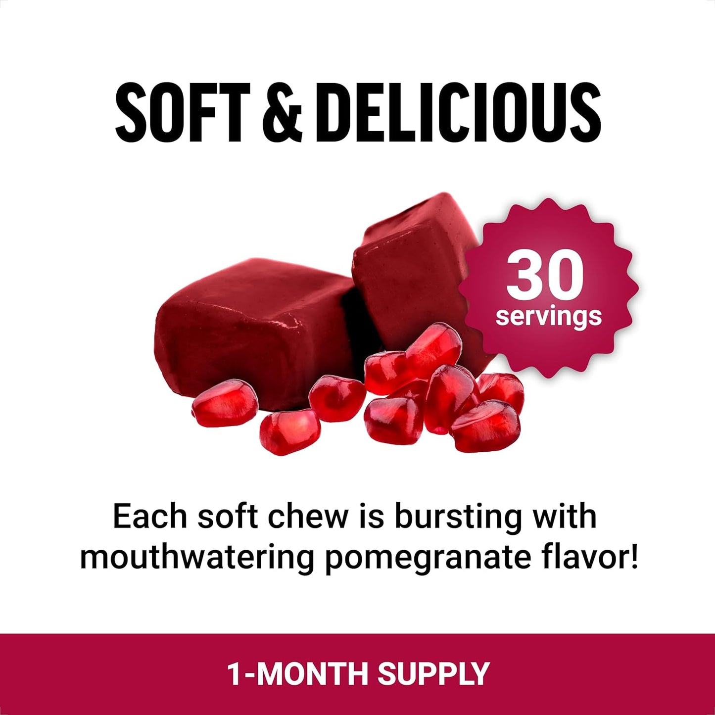 Pomegranate Soft Chews with Superfood Antioxidants for Healthy Aging, Heart, Bone, and Brain Health - 30 Chews, Non-GMO, Gluten-Free, Vegan