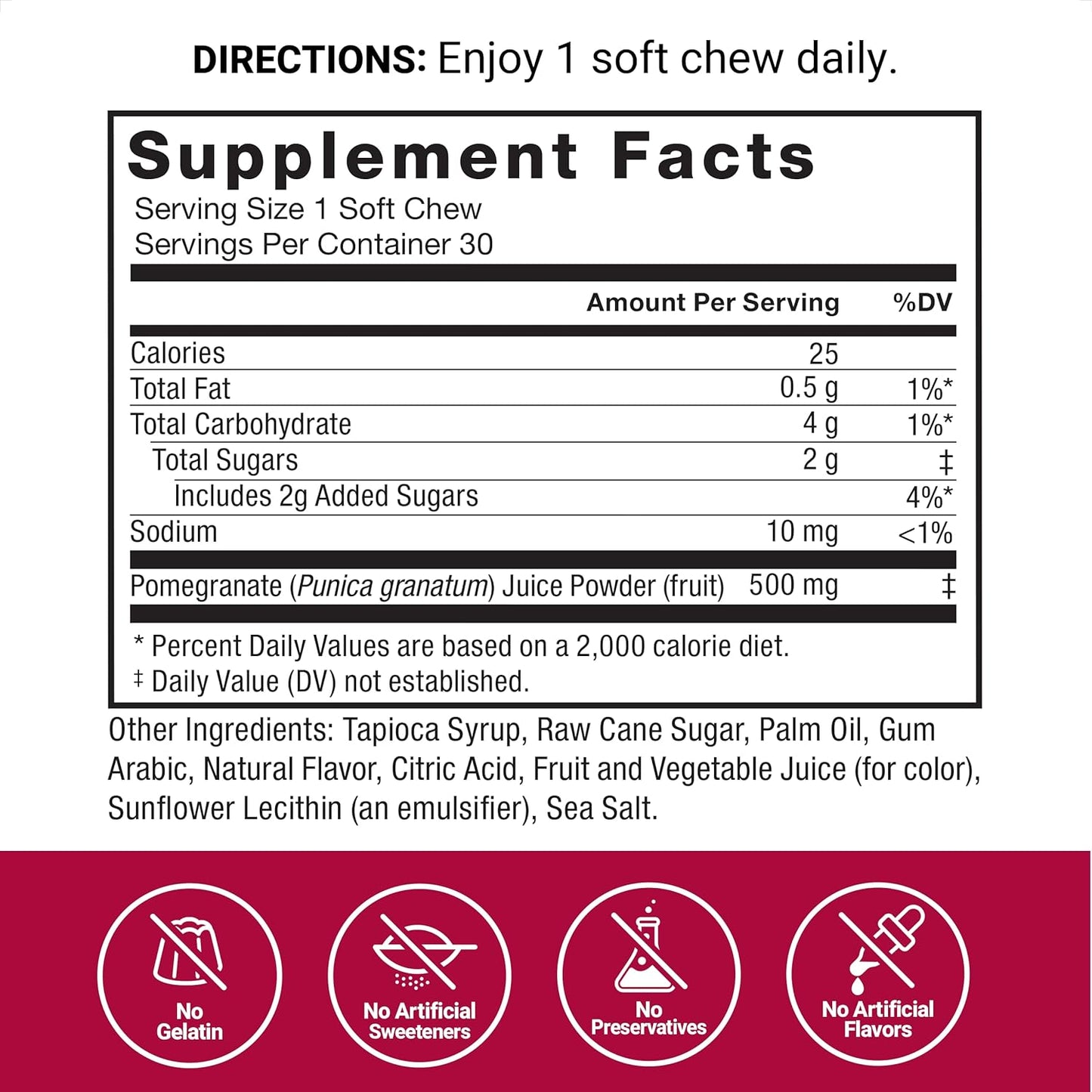 Pomegranate Soft Chews with Superfood Antioxidants for Healthy Aging, Heart, Bone, and Brain Health - 30 Chews, Non-GMO, Gluten-Free, Vegan