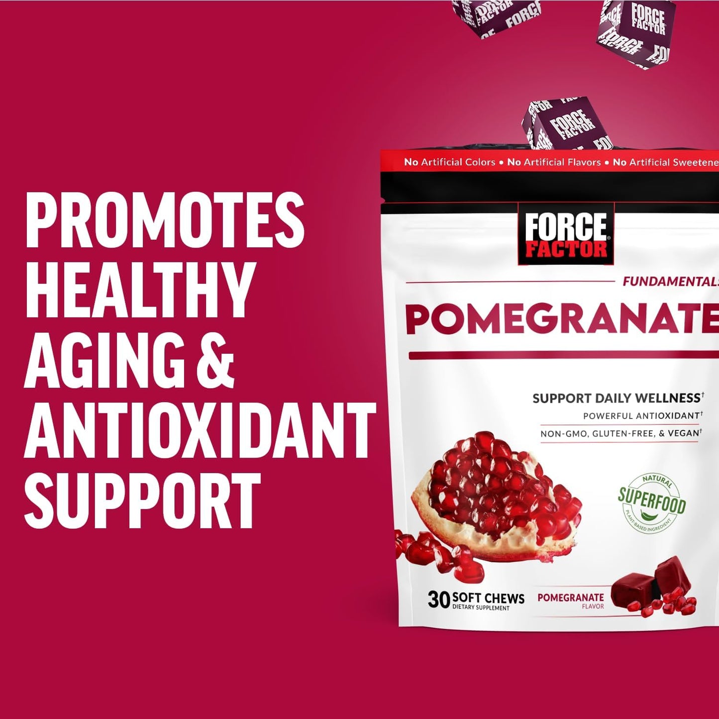 Pomegranate Soft Chews with Superfood Antioxidants for Healthy Aging, Heart, Bone, and Brain Health - 30 Chews, Non-GMO, Gluten-Free, Vegan