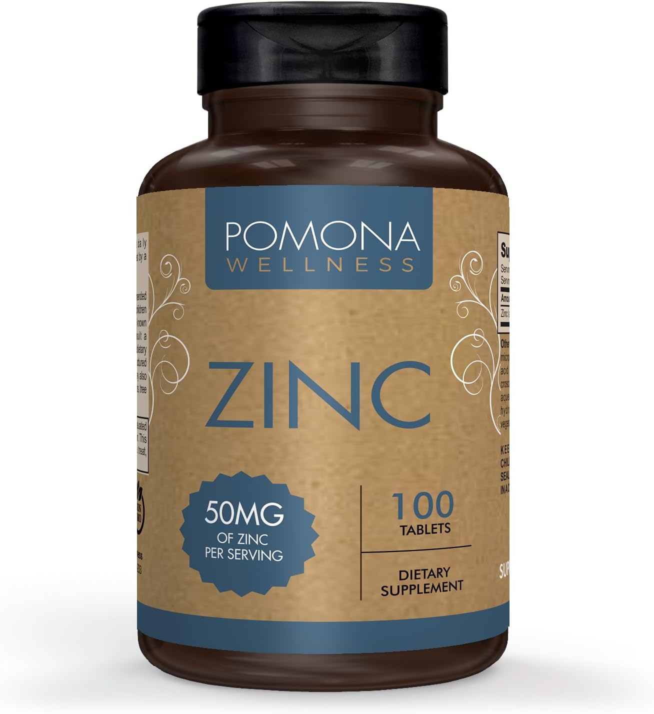 Pomona Wellness 50mg Zinc Supplements for Adults - Skin & Immune Support, Antioxidant, Vegan, Non-GMO - 100 Tablets, Easy to Swallow