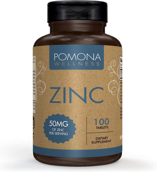 Pomona Wellness 50mg Zinc Supplements for Adults - Skin & Immune Support, Antioxidant, Vegan, Non-GMO - 100 Tablets, Easy to Swallow
