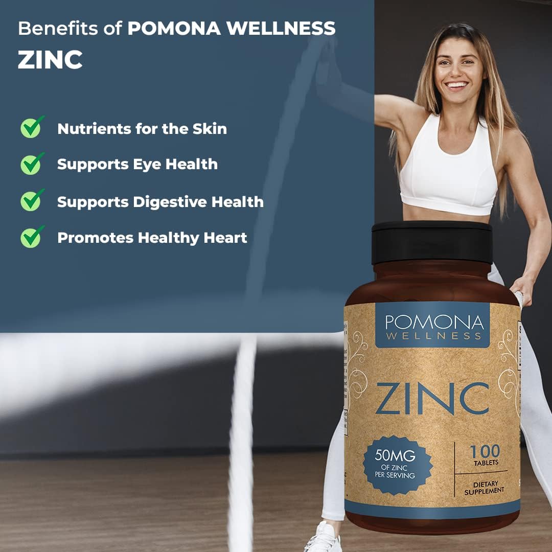 Pomona Wellness 50mg Zinc Supplements for Adults - Skin & Immune Support, Antioxidant, Vegan, Non-GMO - 100 Tablets, Easy to Swallow
