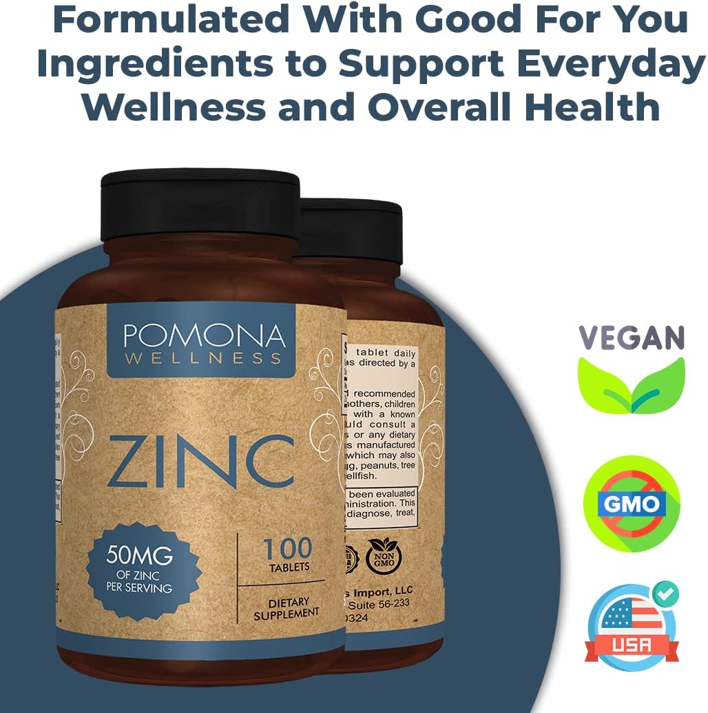 Pomona Wellness 50mg Zinc Supplements for Adults - Skin & Immune Support, Antioxidant, Vegan, Non-GMO - 100 Tablets, Easy to Swallow