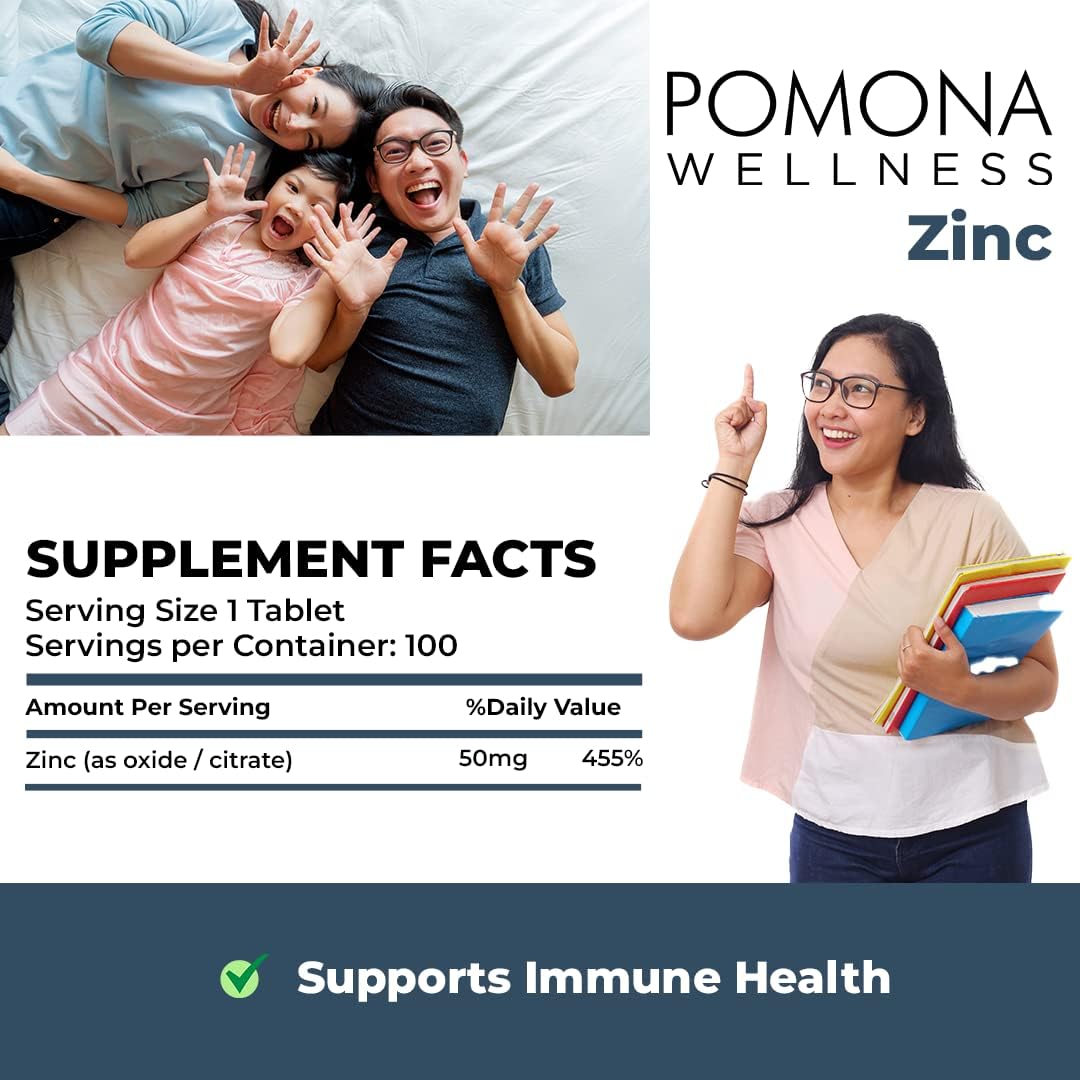 Pomona Wellness 50mg Zinc Supplements for Adults - Skin & Immune Support, Antioxidant, Vegan, Non-GMO - 100 Tablets, Easy to Swallow