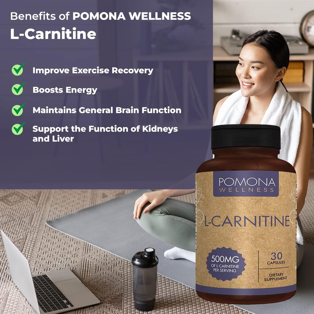 Pomona Wellness L-Carnitine Capsules - 500mg Per Serving, Non-GMO, Supports Metabolism, Cognitive & Cardiovascular Health