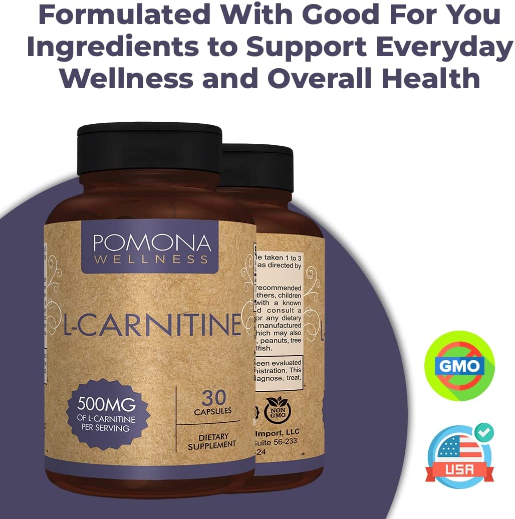 Pomona Wellness L-Carnitine Capsules - 500mg Per Serving, Non-GMO, Supports Metabolism, Cognitive & Cardiovascular Health