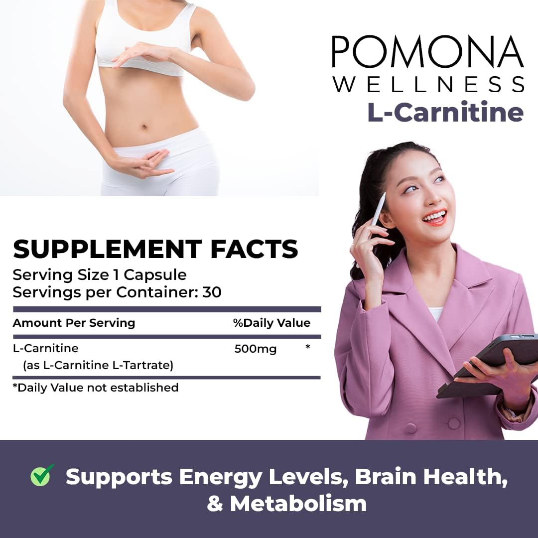 Pomona Wellness L-Carnitine Capsules - 500mg Per Serving, Non-GMO, Supports Metabolism, Cognitive & Cardiovascular Health