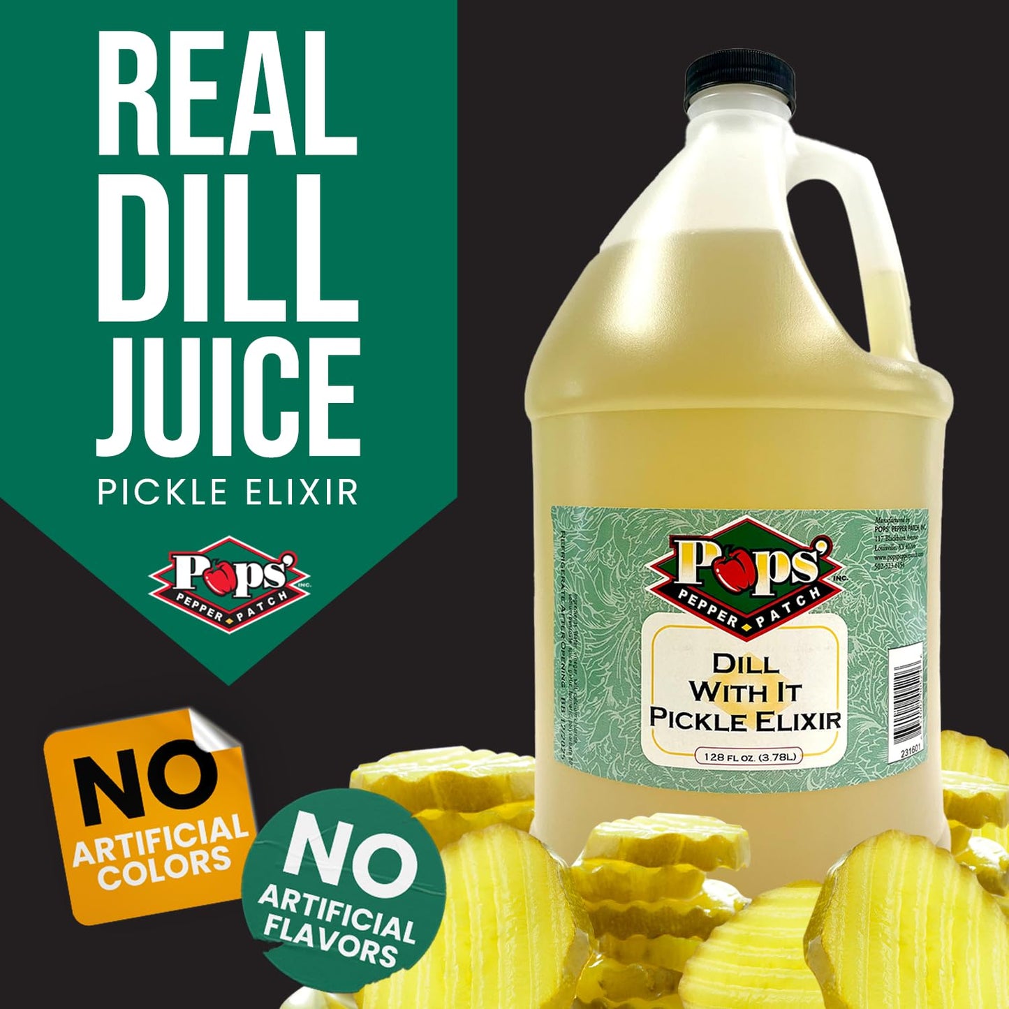 Pops Pepper Patch Dill Pickle Elixir for Leg Cramps - Real Dill Juice Brine, Hydration Aid - 1 Gallon
