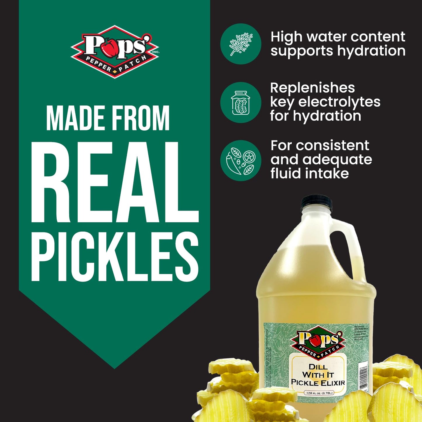 Pops Pepper Patch Dill Pickle Elixir for Leg Cramps - Real Dill Juice Brine, Hydration Aid - 1 Gallon