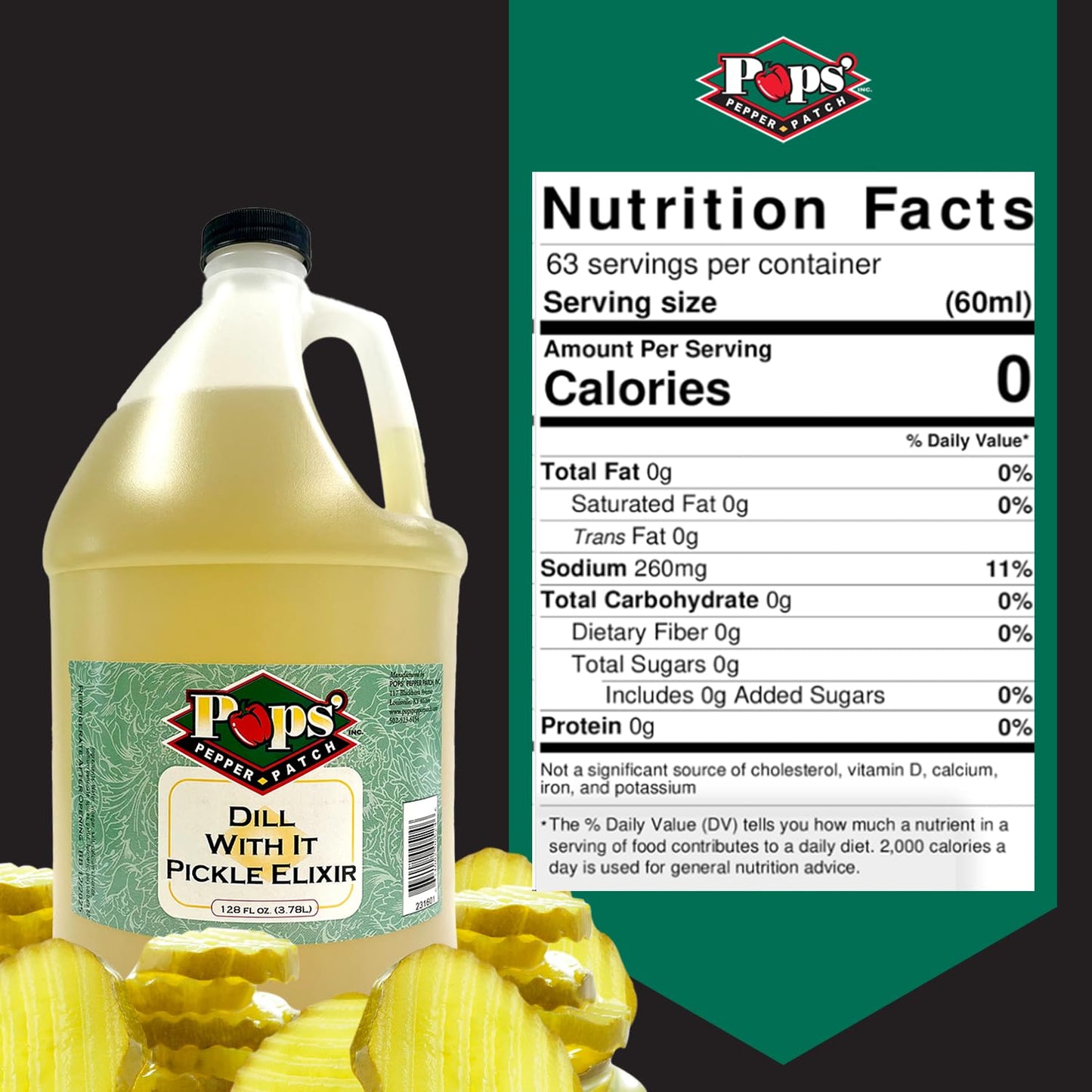 Pops Pepper Patch Dill Pickle Elixir for Leg Cramps - Real Dill Juice Brine, Hydration Aid - 1 Gallon