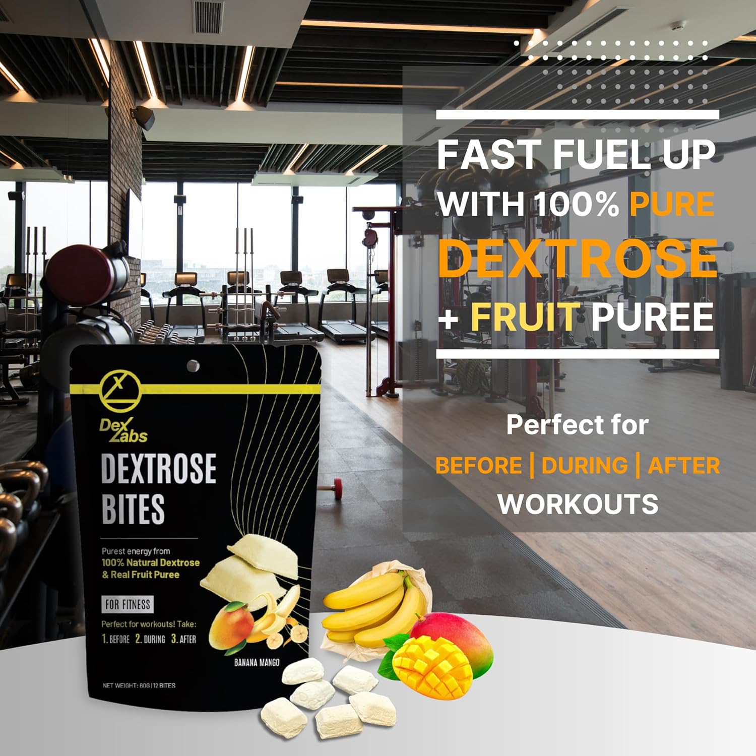 Portable Banana Mango Dextrose Energy Bites for Workouts - Glucose Tablets for Running - Dextrose Melts with Dextrose Powder (Pack of 1)