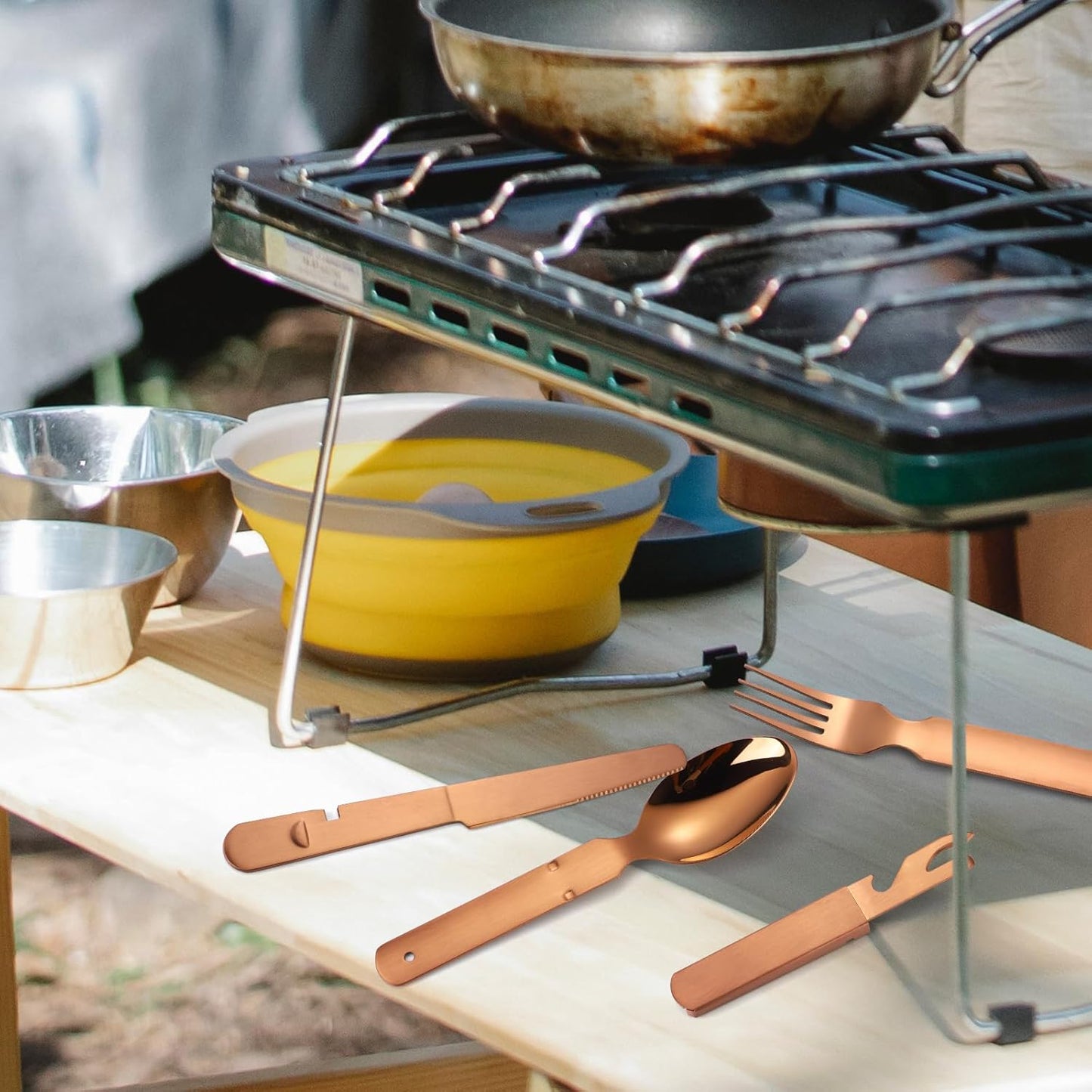 Portable Camping Silverware Set - Stainless Steel Flatware with Knife, Fork, Spoon, and Bottle Opener - Lightweight Travel Utensils for Outdoor Dining